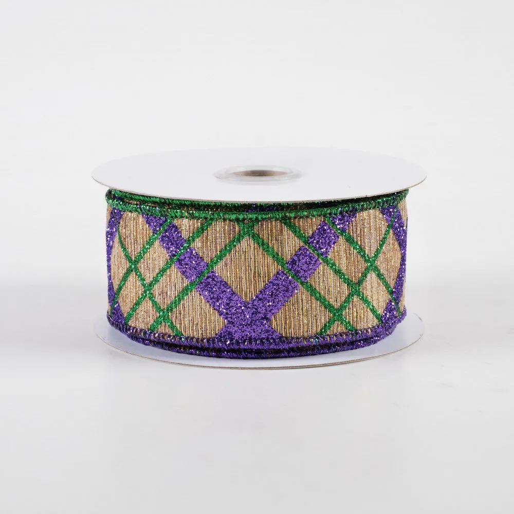 1.5"x10yd Glitter Diagonal Plaid Stripes On Metallic Ribbon, Emerald Green/Purple/Antique Gold  DC7