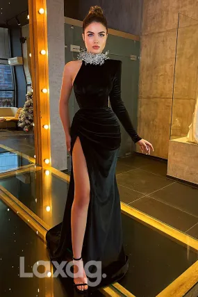 19764 - Velvet One Sleeve Formal Dress Long Prom Gown with Slit