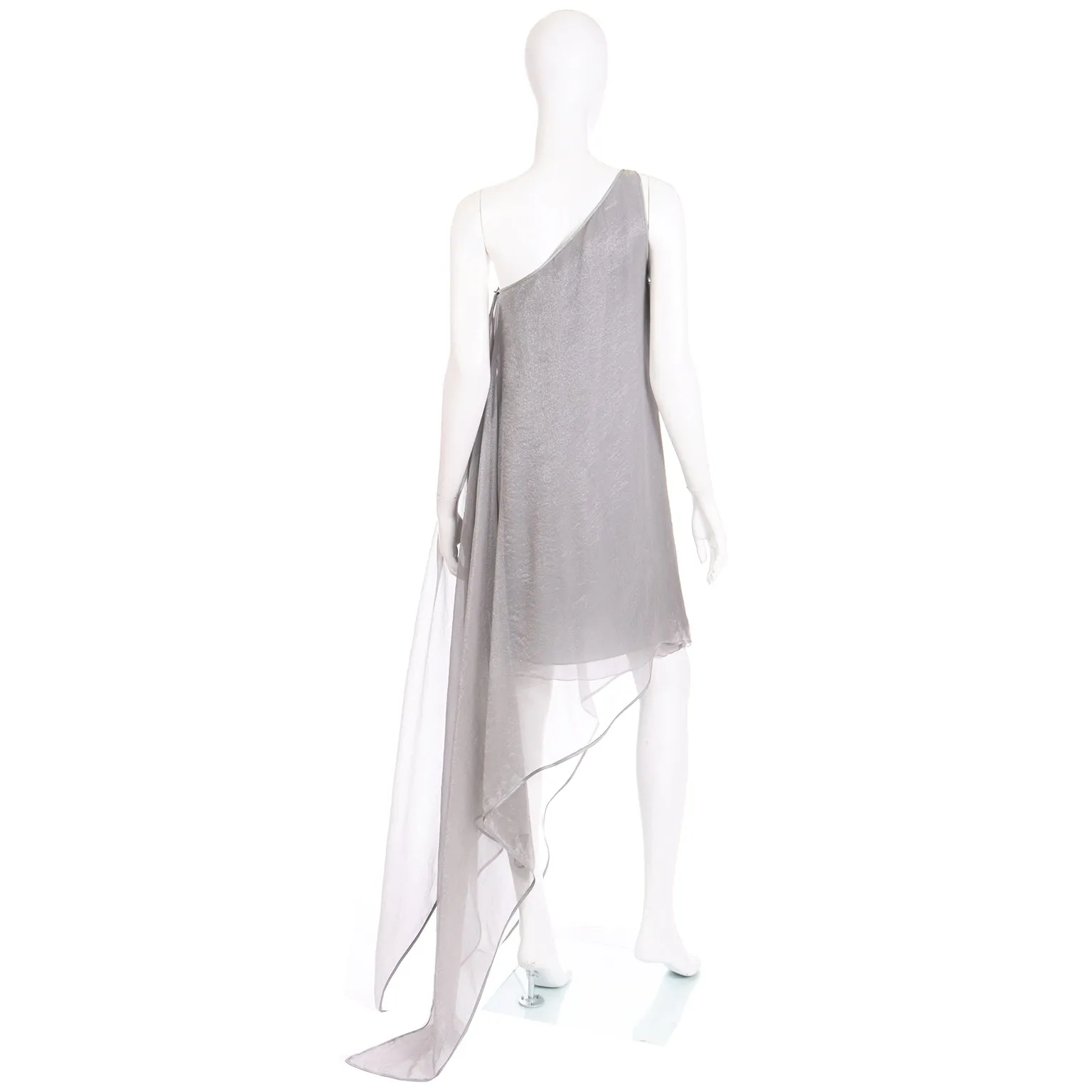 1990s Donna Karan Deadstock Grey Silk Chiffon One Shoulder Evening Dress