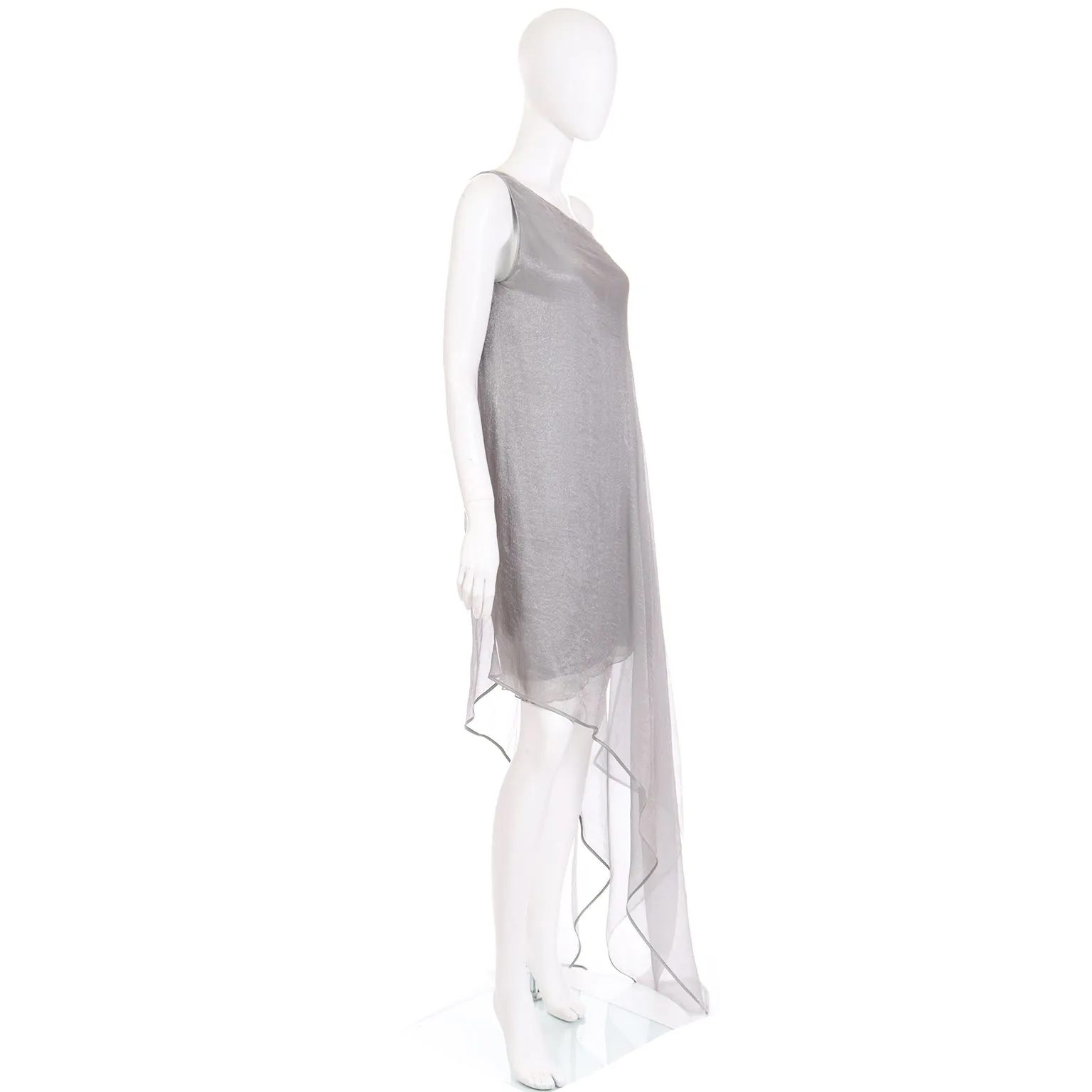 1990s Donna Karan Deadstock Grey Silk Chiffon One Shoulder Evening Dress
