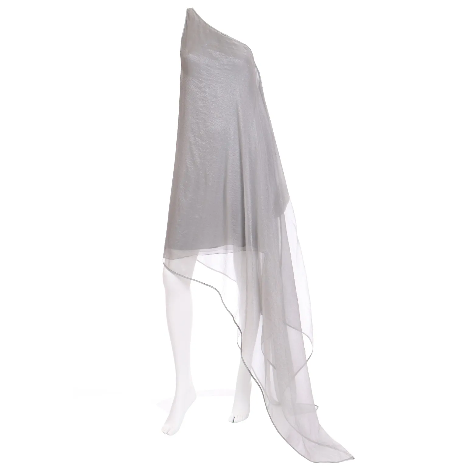 1990s Donna Karan Deadstock Grey Silk Chiffon One Shoulder Evening Dress