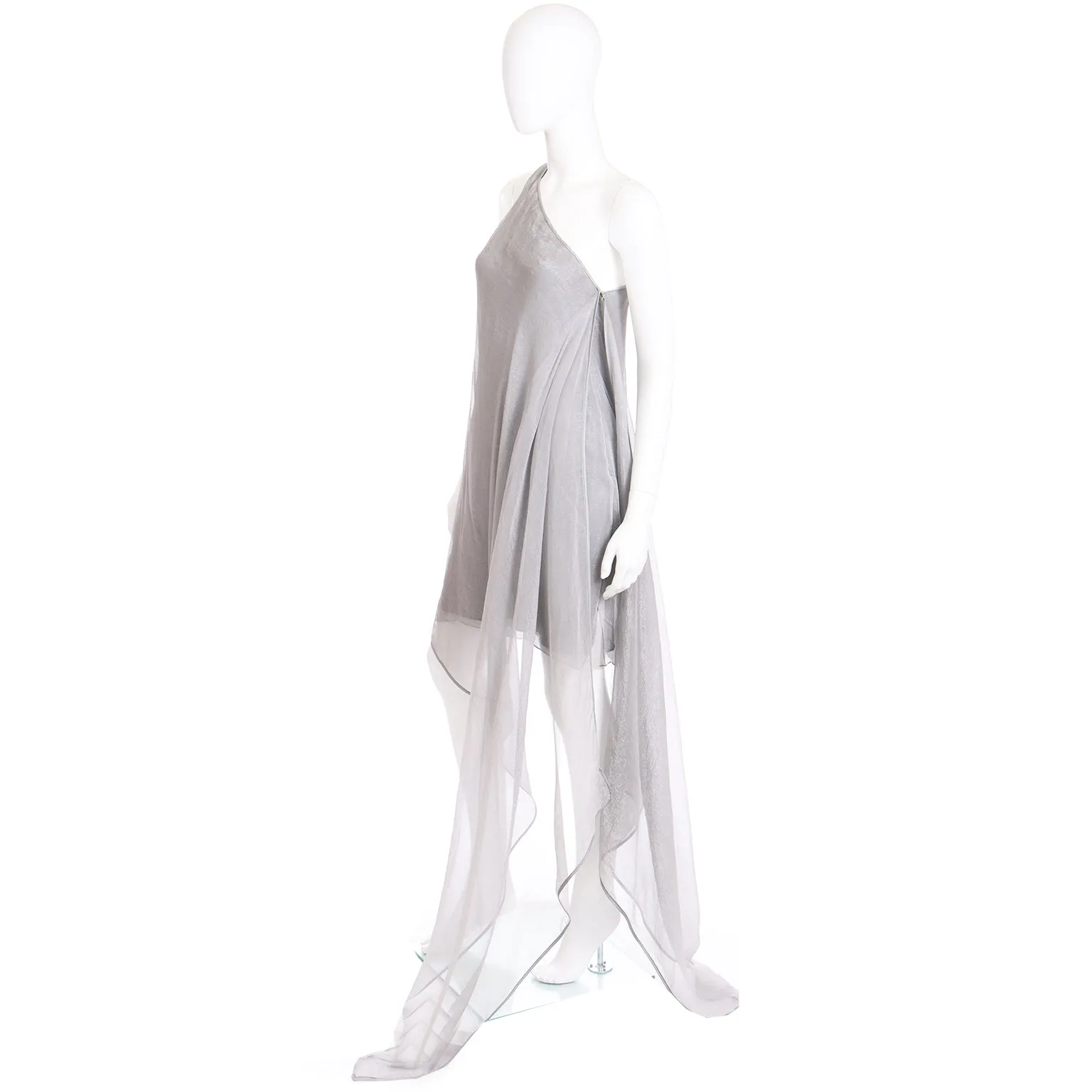 1990s Donna Karan Deadstock Grey Silk Chiffon One Shoulder Evening Dress