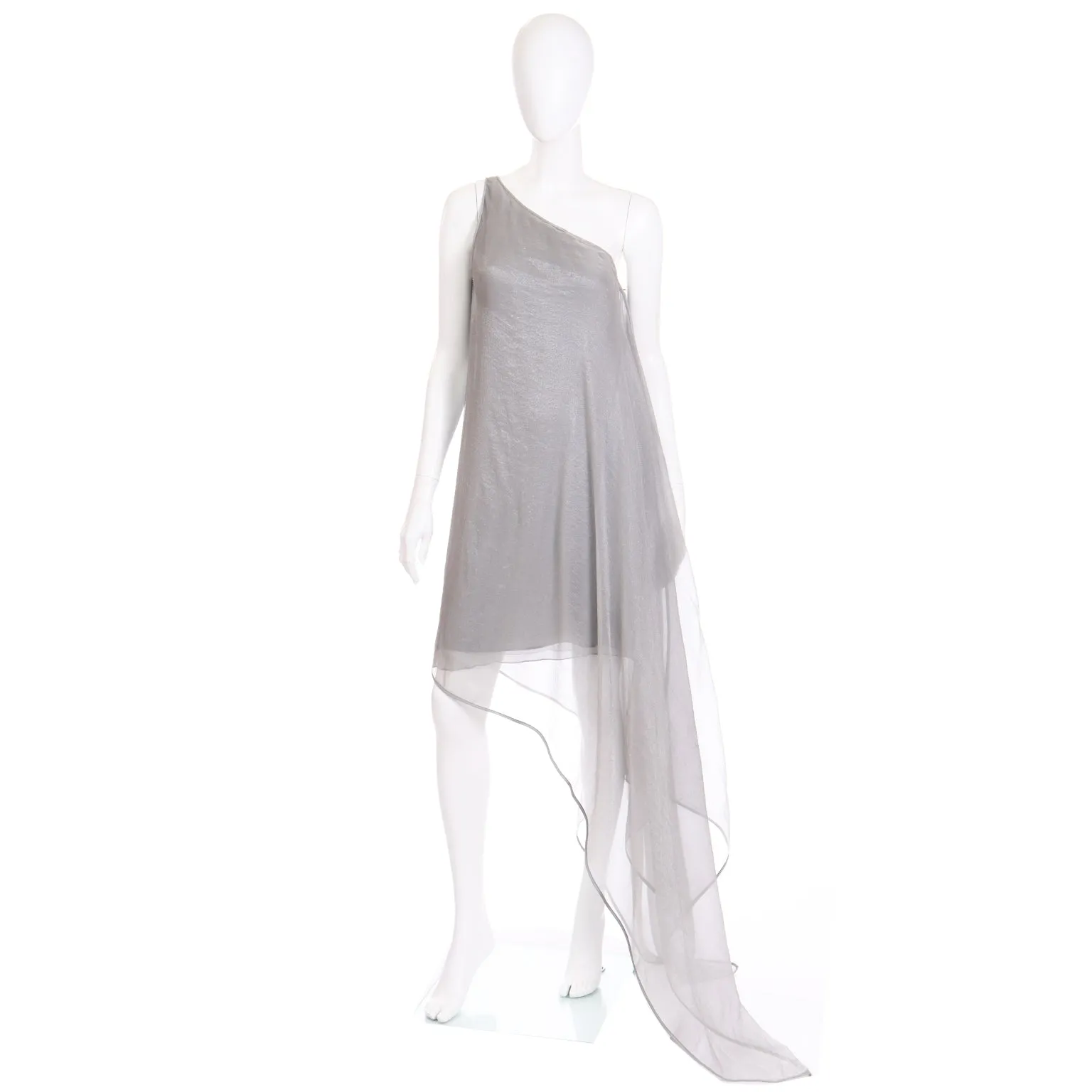 1990s Donna Karan Deadstock Grey Silk Chiffon One Shoulder Evening Dress