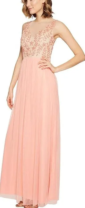 Adrianna Papell Scoop Neck Sleeveless Illusion Embellished Bodice Ruched Mesh Dress