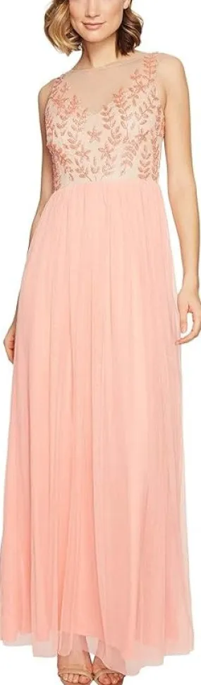 Adrianna Papell Scoop Neck Sleeveless Illusion Embellished Bodice Ruched Mesh Dress
