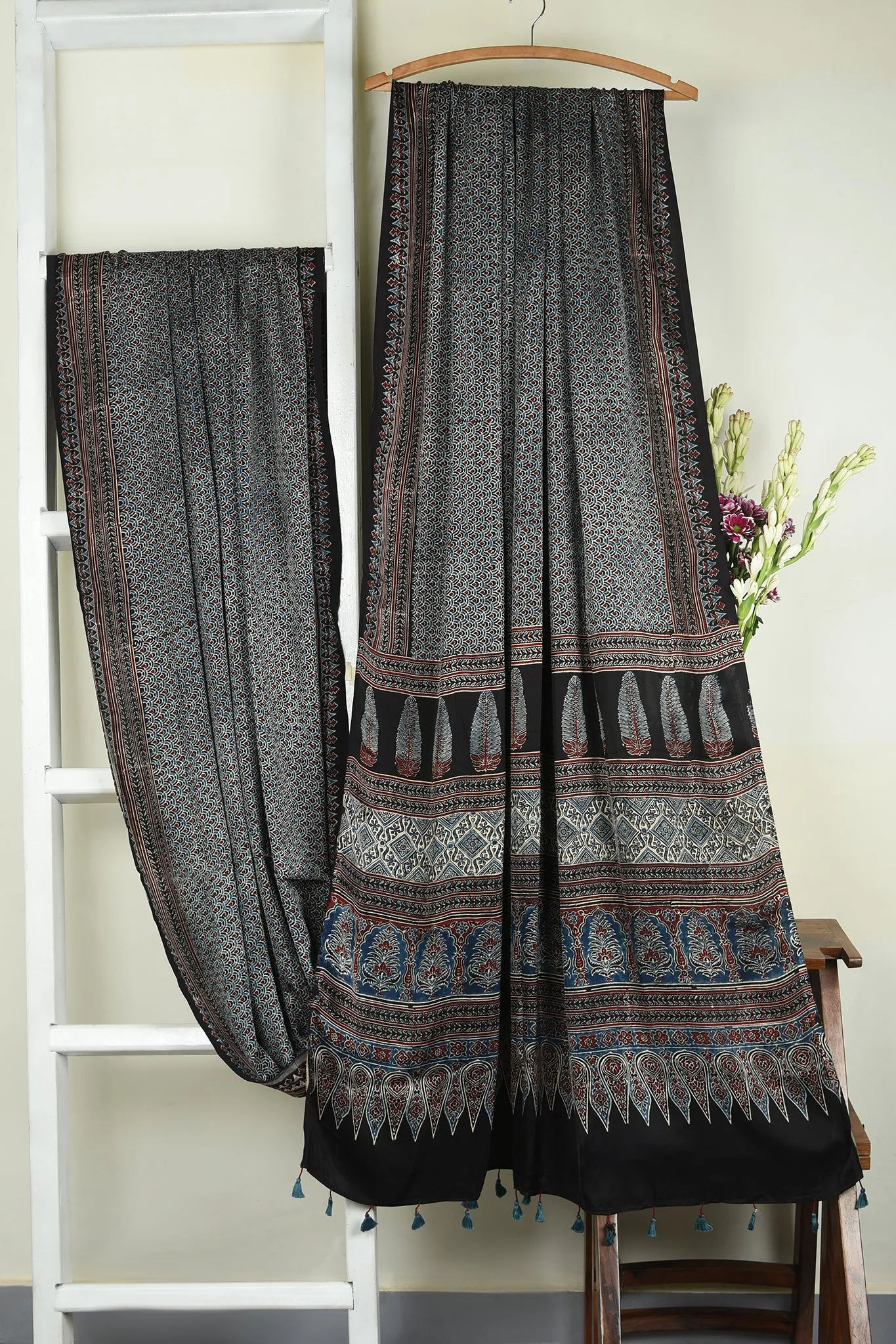 ajrakh modal silk sarees - oceanic opulence & night dance