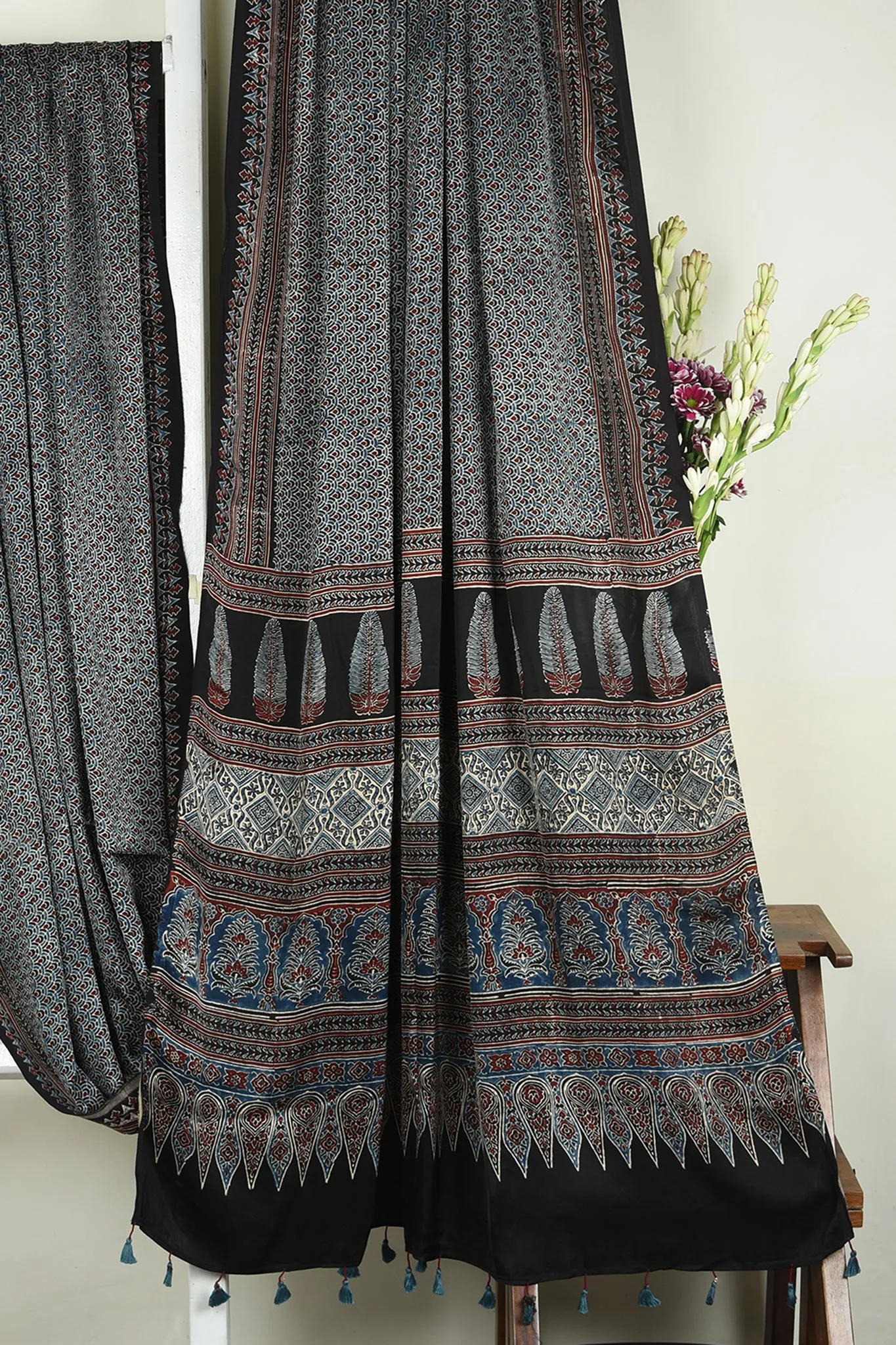 ajrakh modal silk sarees - oceanic opulence & night dance