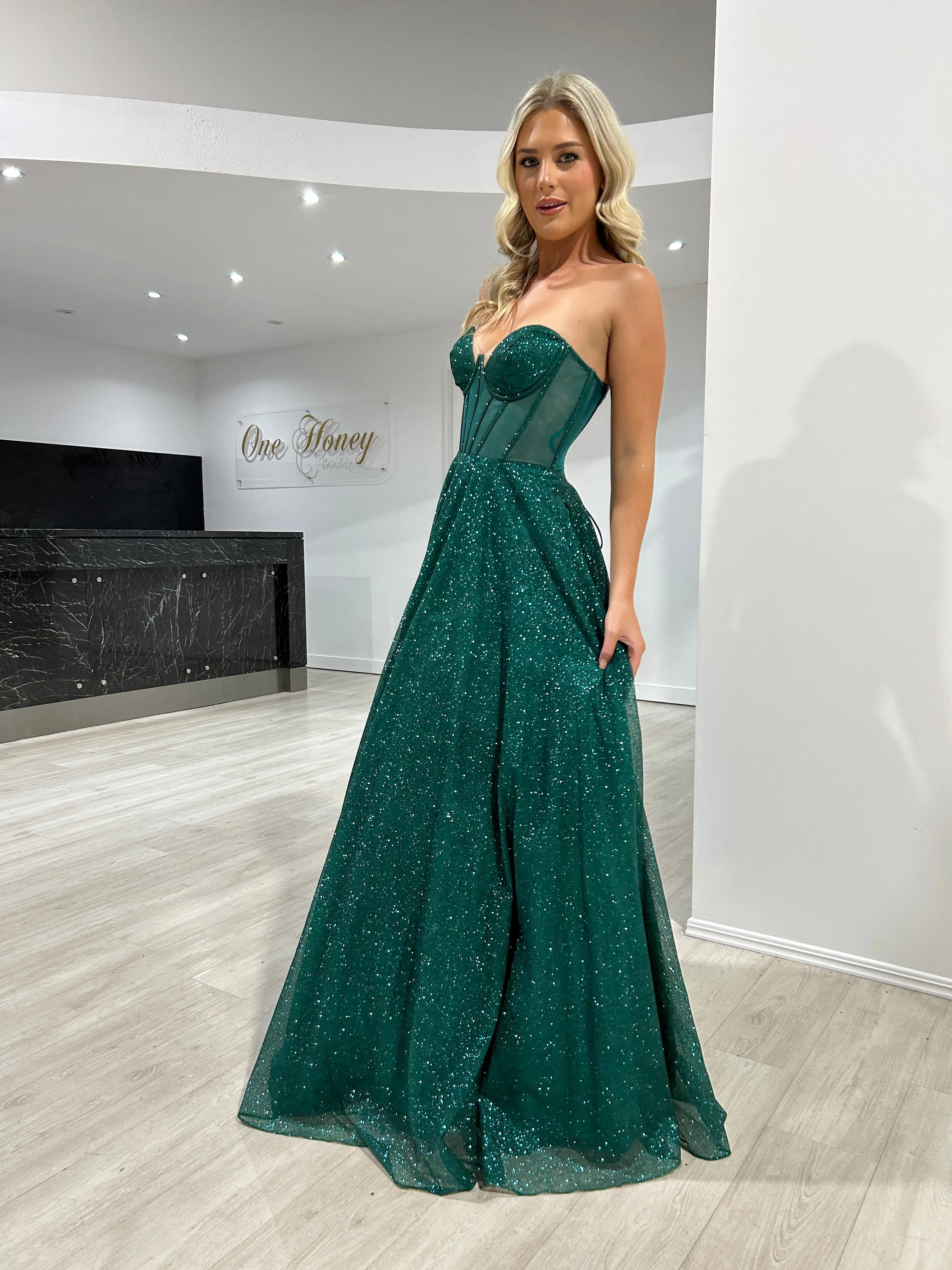 ALOMA Glitter Corset Strapless Formal Dress