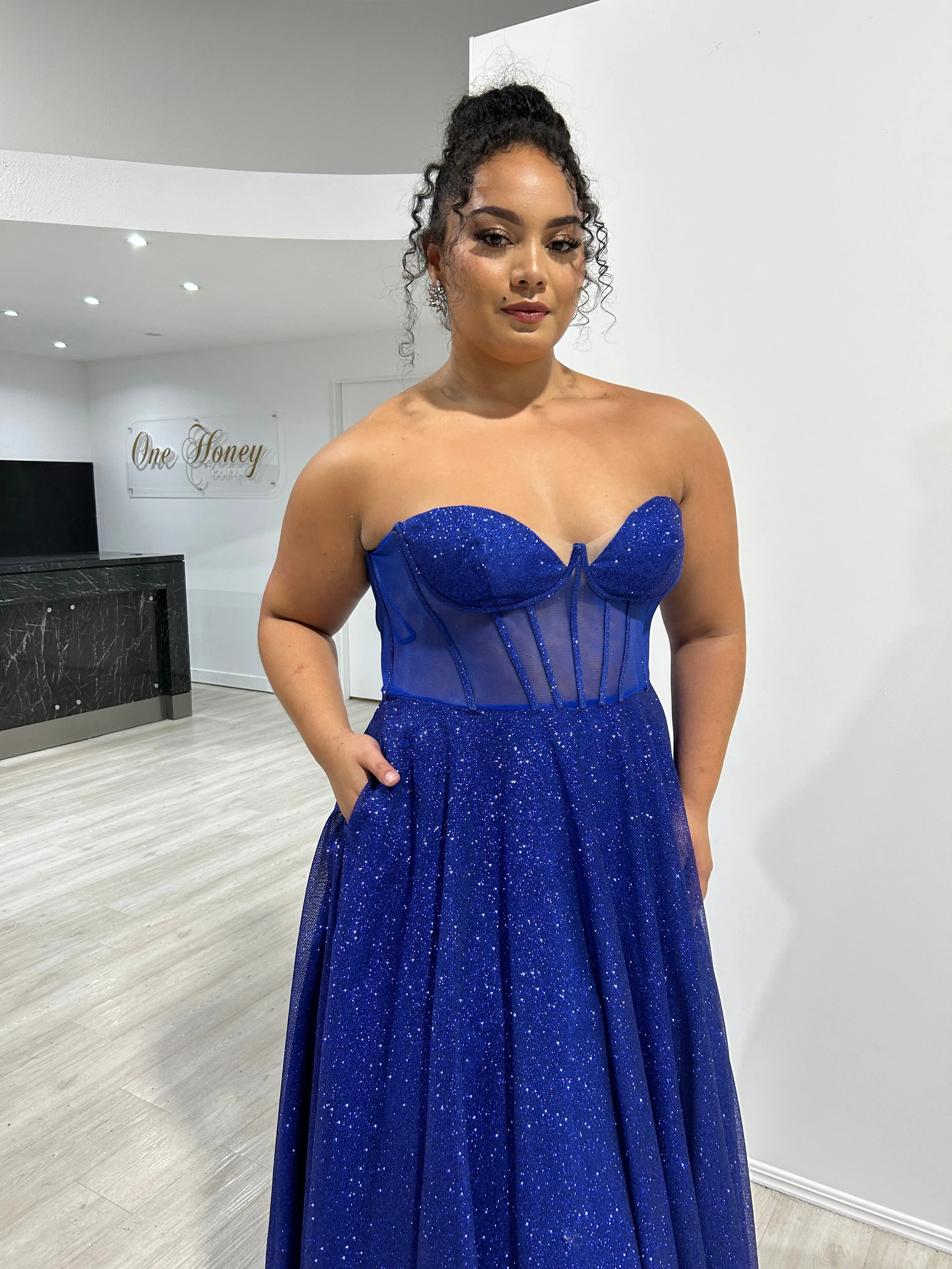 ALOMA Glitter Corset Strapless Formal Dress