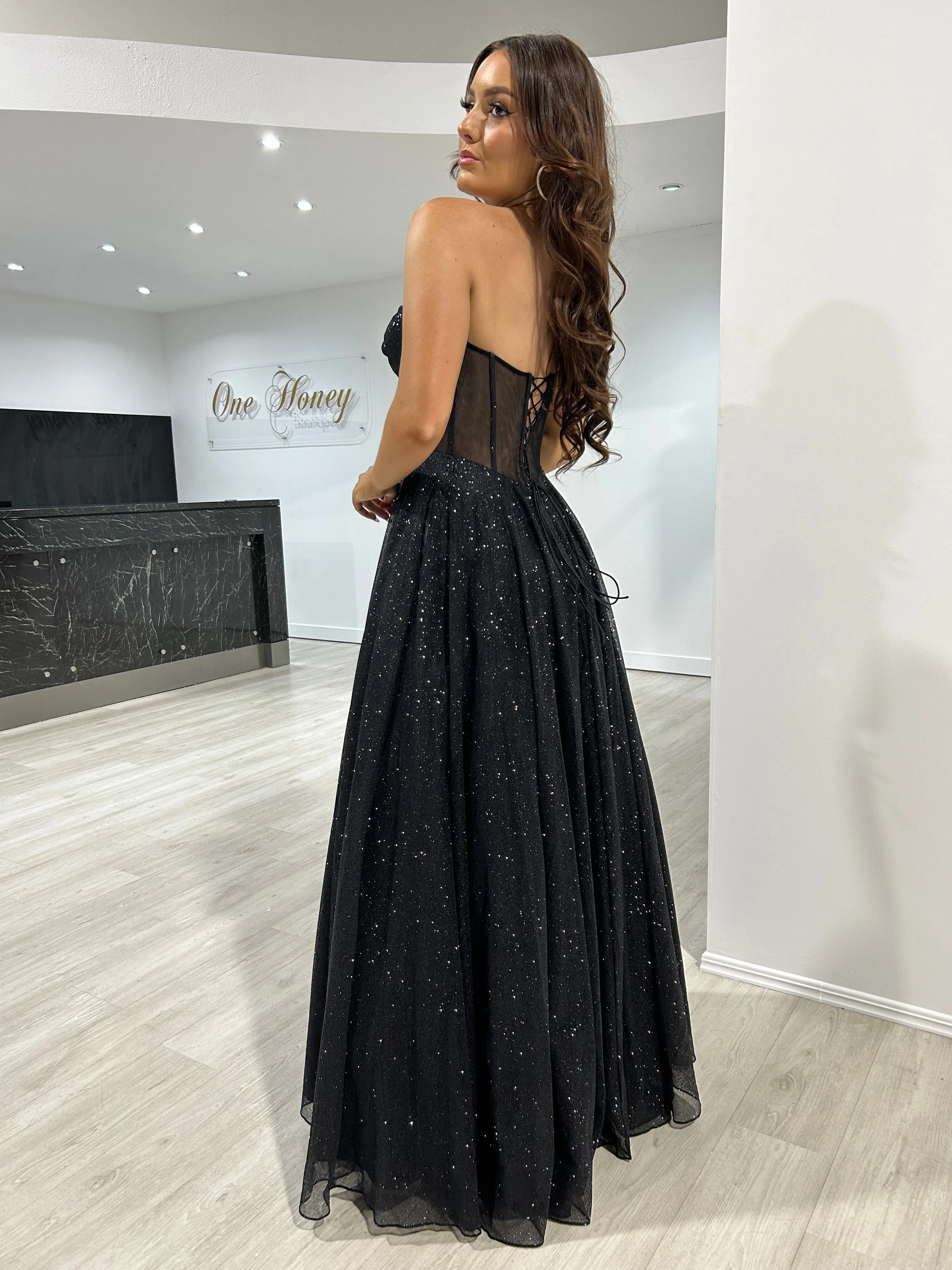 ALOMA Glitter Corset Strapless Formal Dress