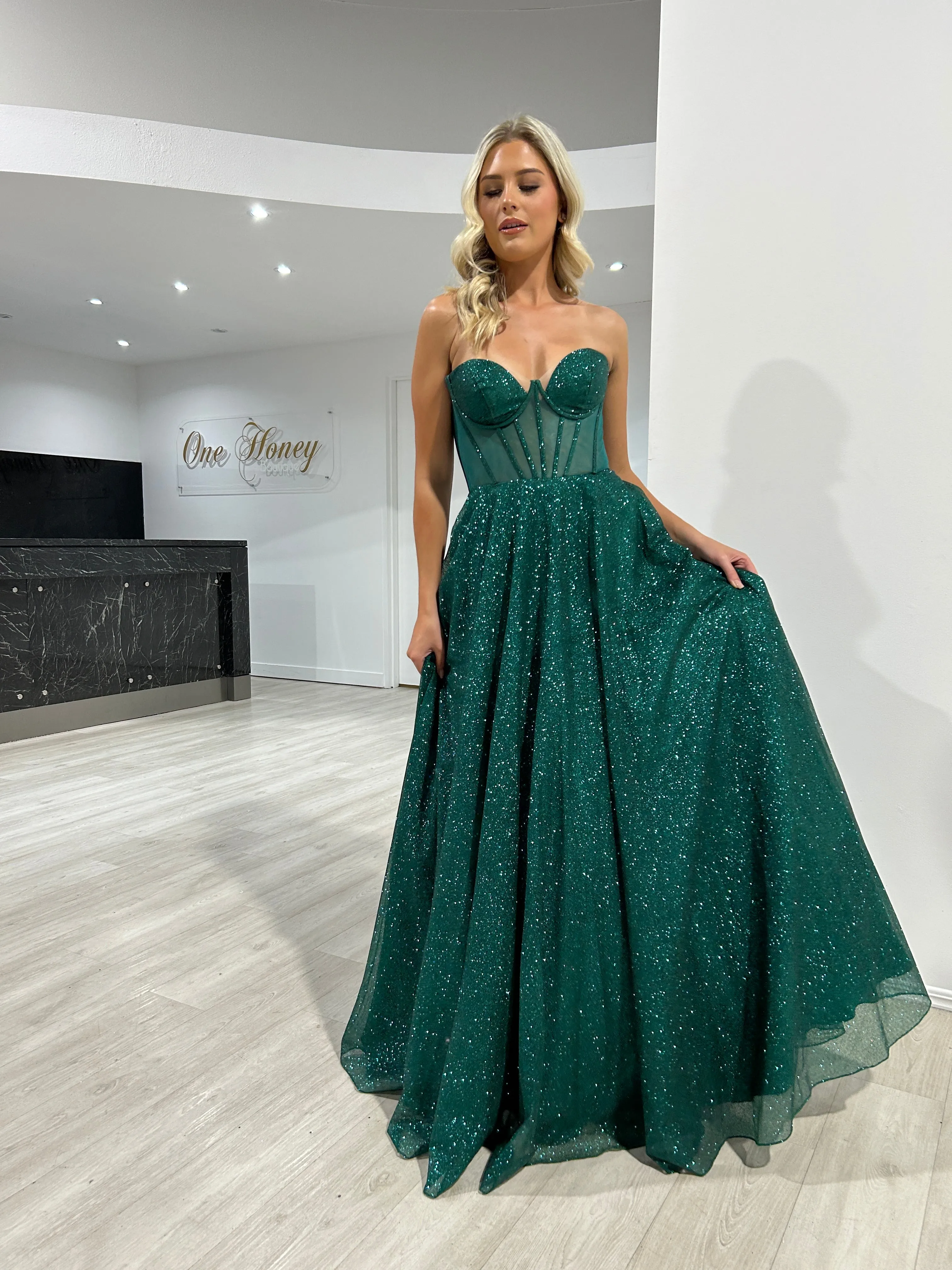 ALOMA Glitter Corset Strapless Formal Dress