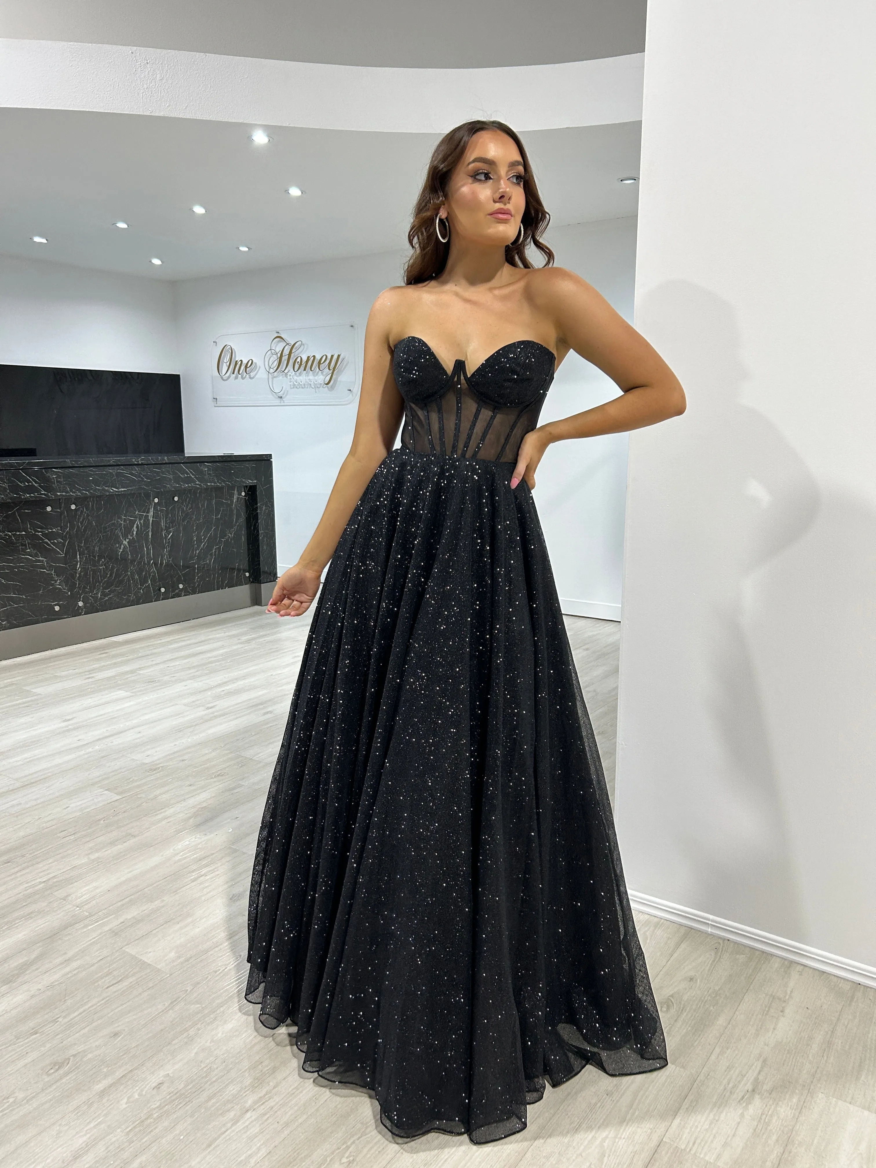 ALOMA Glitter Corset Strapless Formal Dress