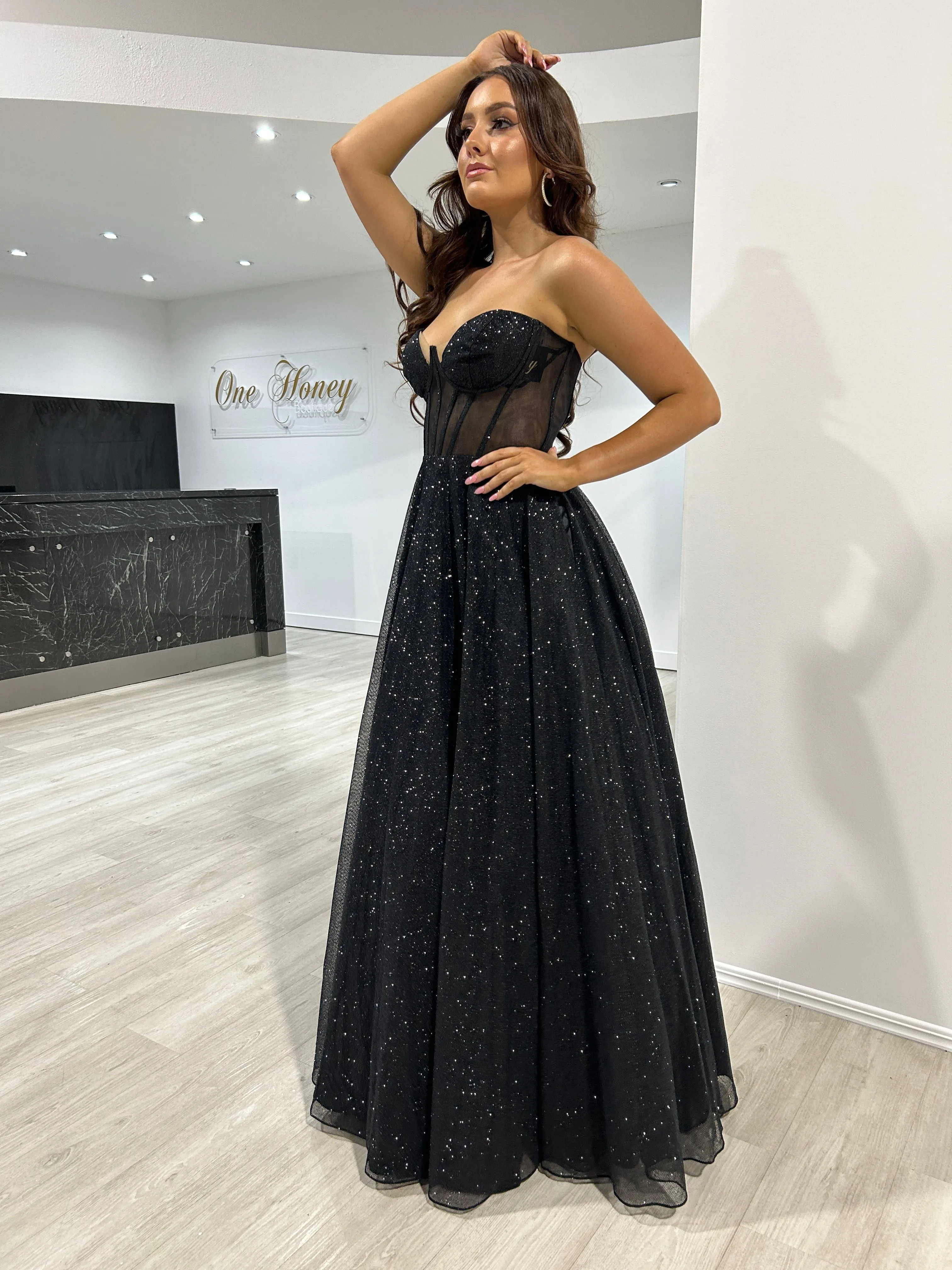 ALOMA Glitter Corset Strapless Formal Dress