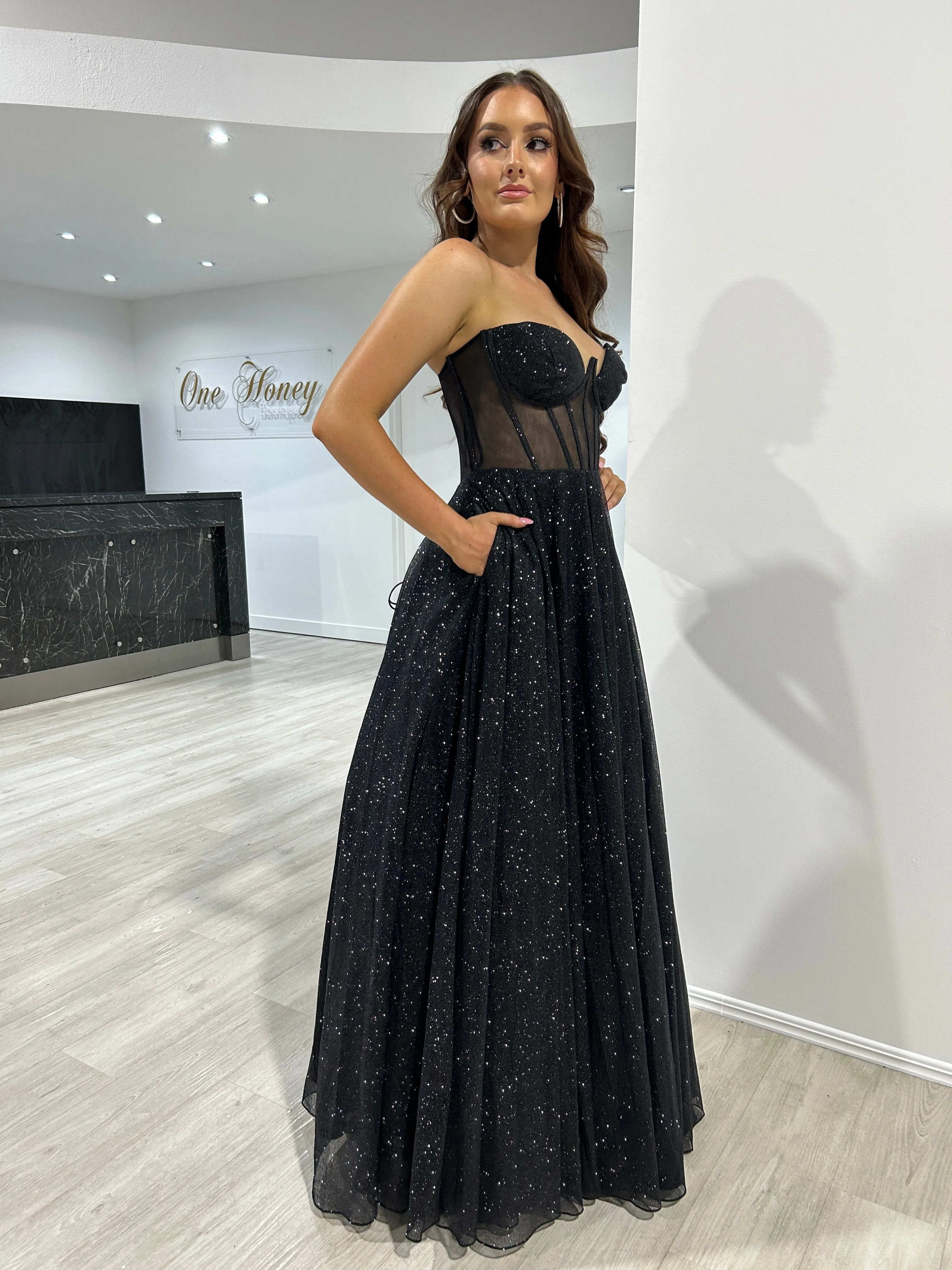 ALOMA Glitter Corset Strapless Formal Dress