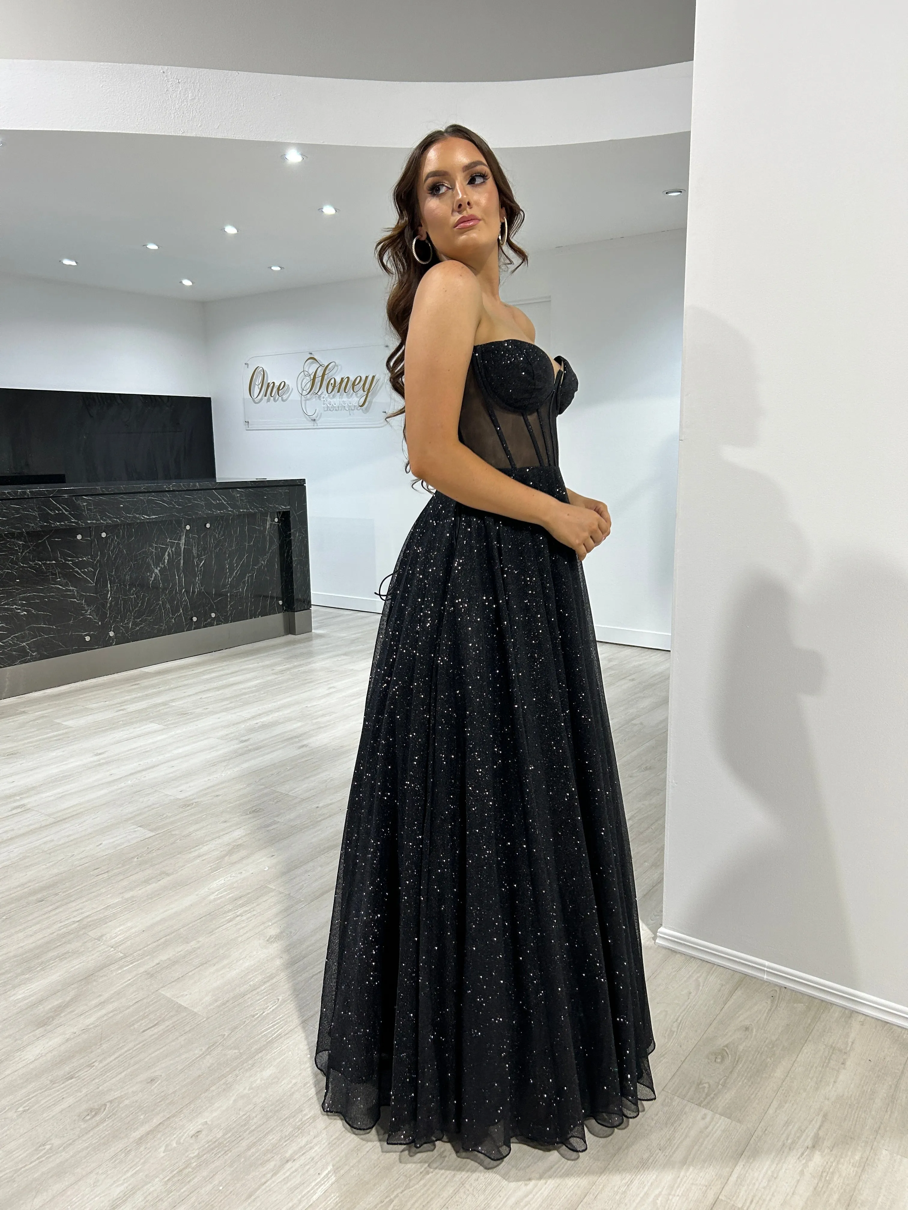 ALOMA Glitter Corset Strapless Formal Dress