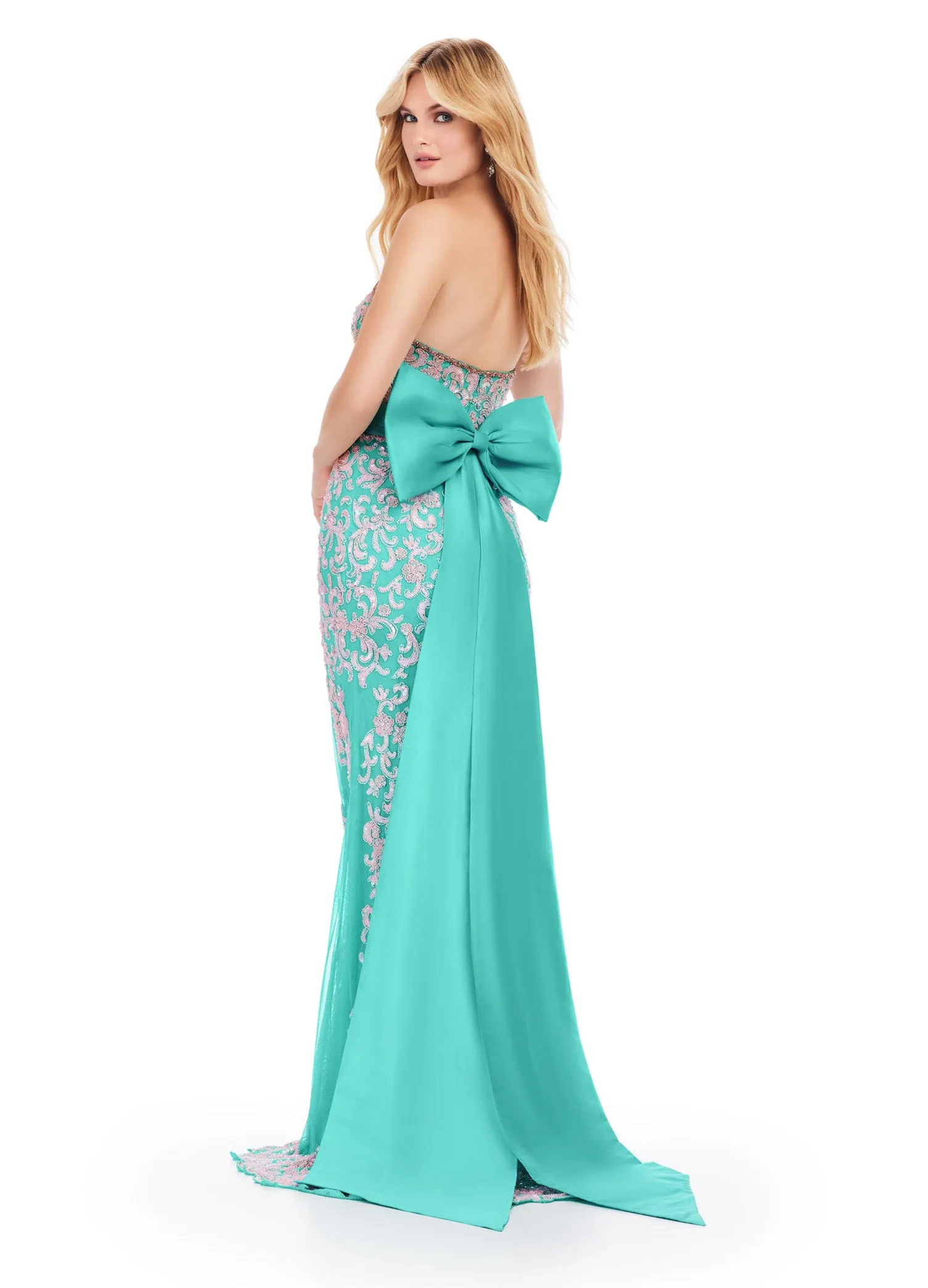 Ashley Lauren 11583  Long Prom Dress Strapless Gown Fully Beaded Taffeta Belt and Bow Formal Pageant
