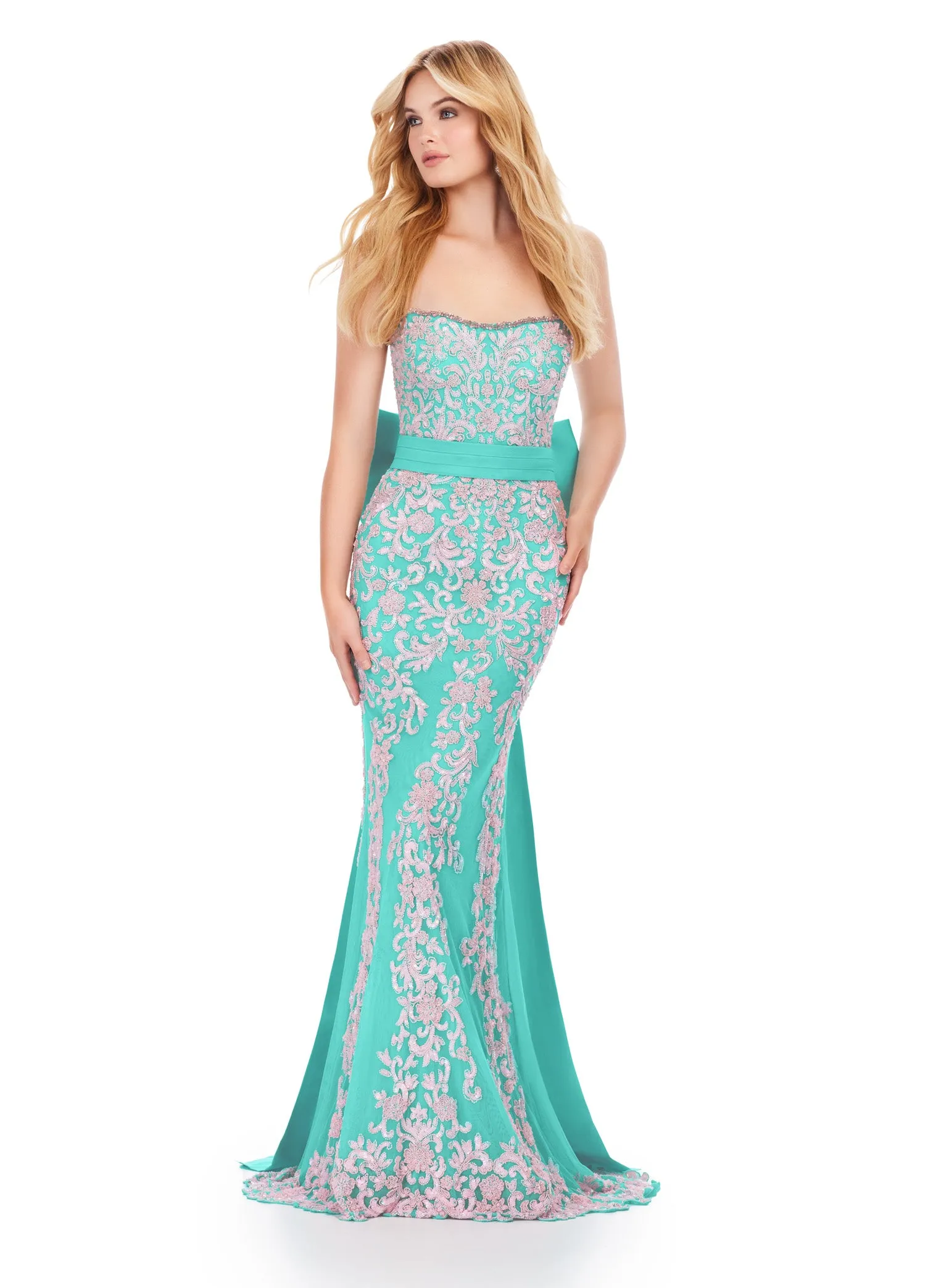 Ashley Lauren 11583  Long Prom Dress Strapless Gown Fully Beaded Taffeta Belt and Bow Formal Pageant