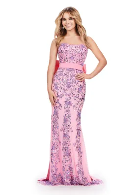 Ashley Lauren 11583  Long Prom Dress Strapless Gown Fully Beaded Taffeta Belt and Bow Formal Pageant