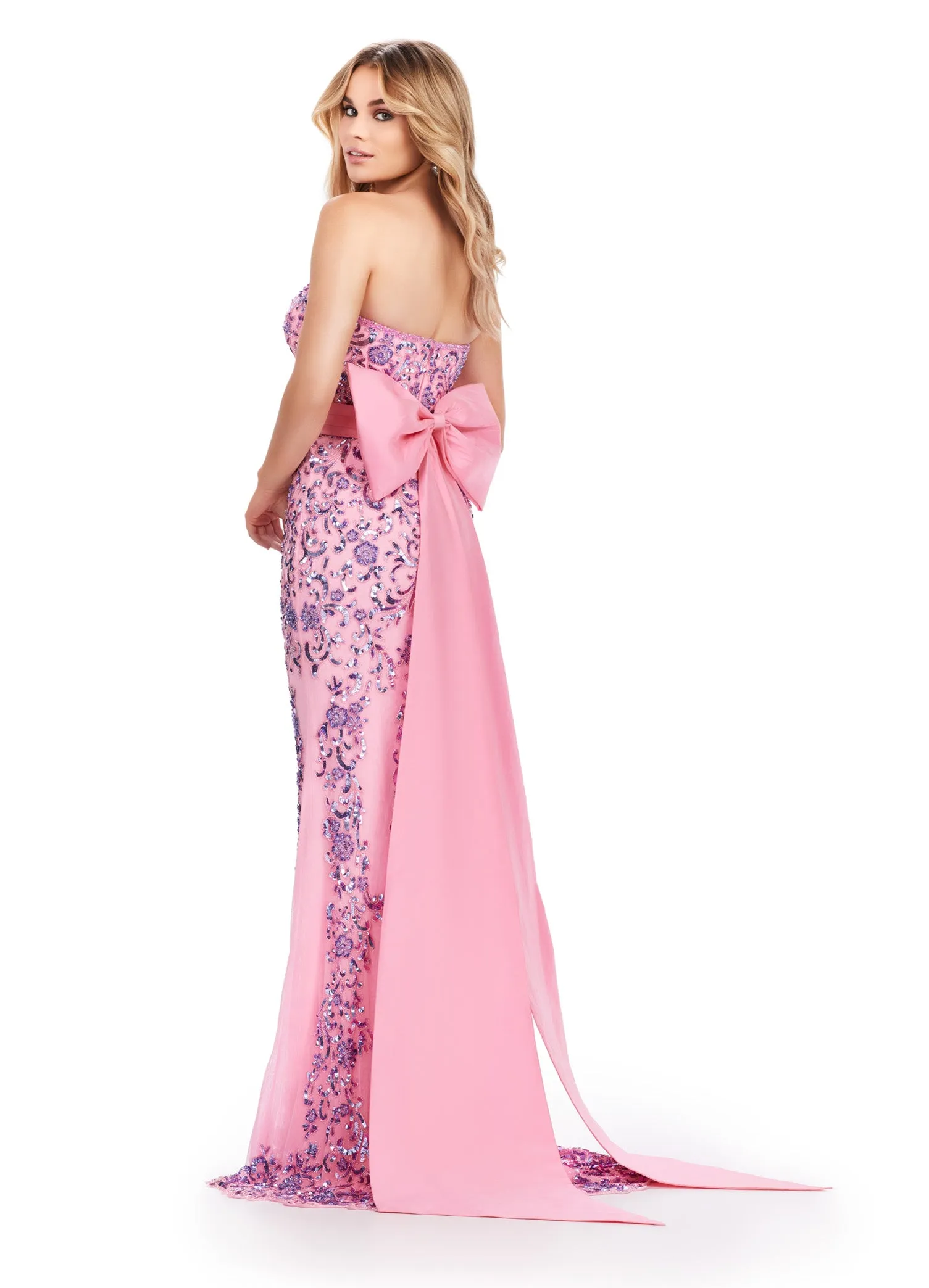 Ashley Lauren 11583  Long Prom Dress Strapless Gown Fully Beaded Taffeta Belt and Bow Formal Pageant