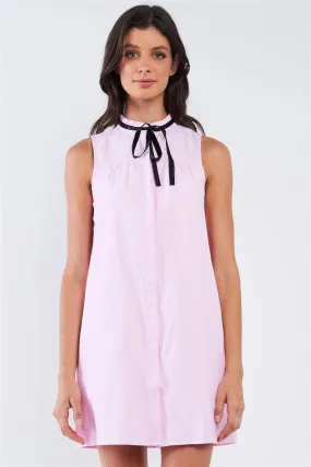 Baby Pink Button Down Ribbon Tie Babydoll Mini Dress