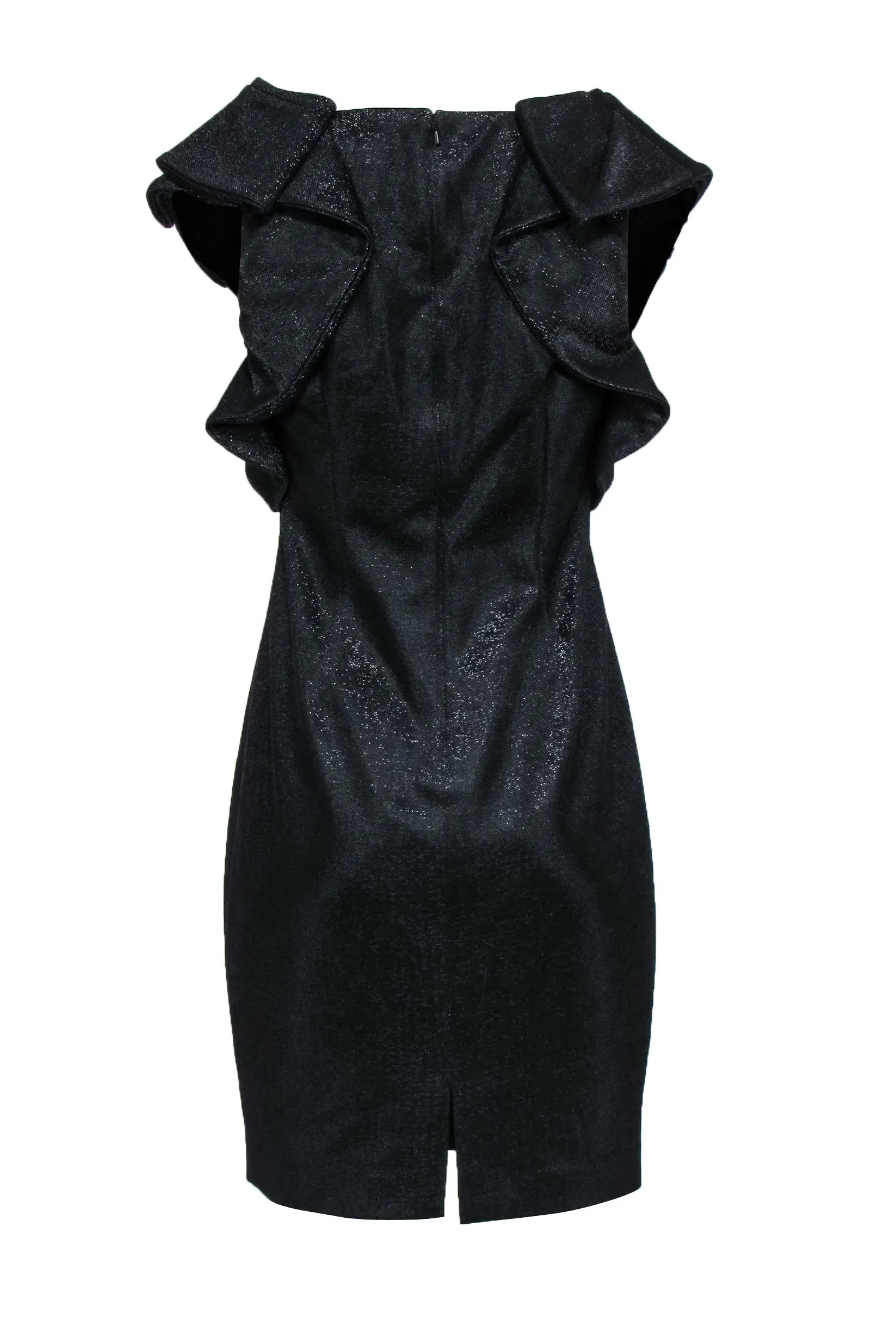 Badgley Mischka - Black Metallic Dress w/ Large Ruffle Shoulder Sz 8