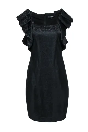 Badgley Mischka - Black Metallic Dress w/ Large Ruffle Shoulder Sz 8