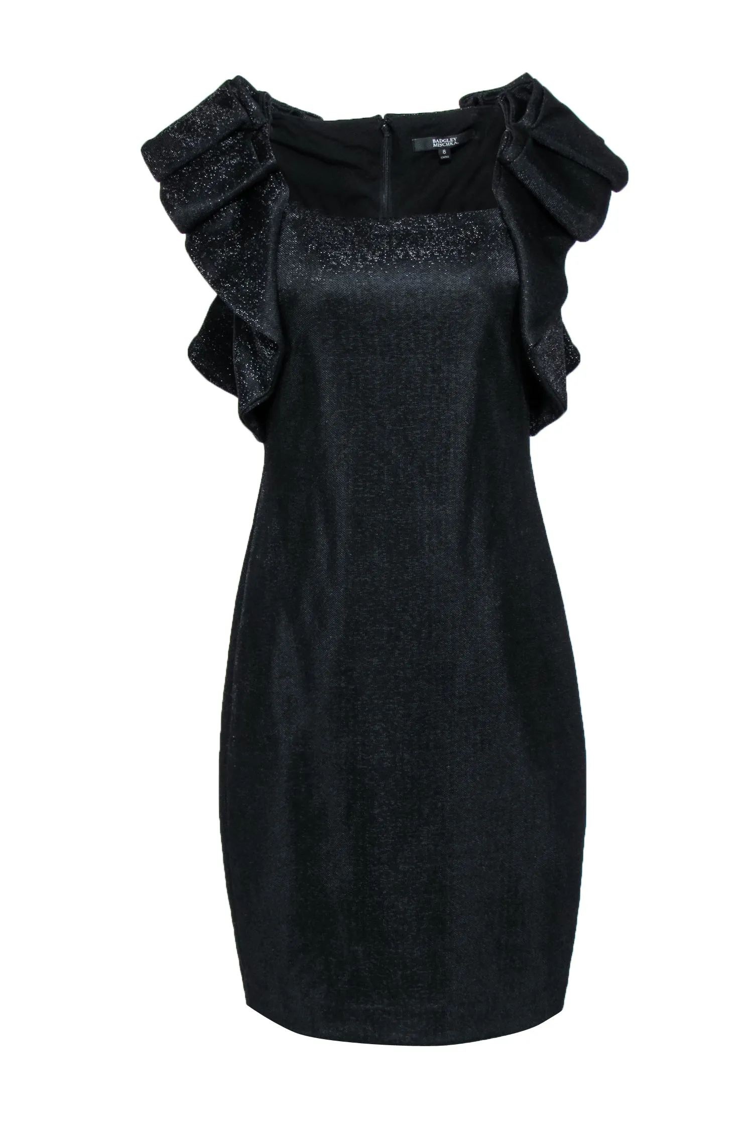 Badgley Mischka - Black Metallic Dress w/ Large Ruffle Shoulder Sz 8
