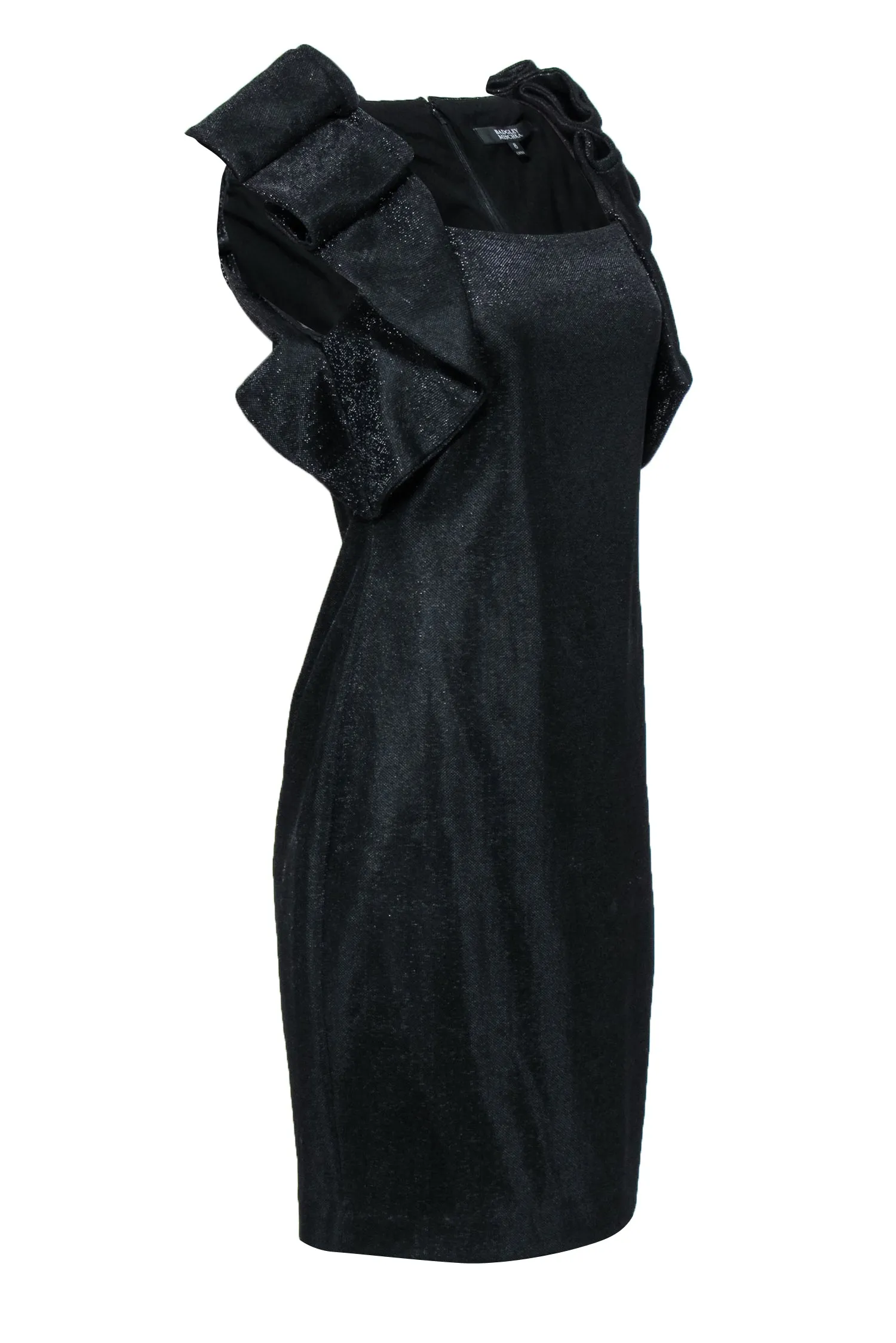 Badgley Mischka - Black Metallic Dress w/ Large Ruffle Shoulder Sz 8