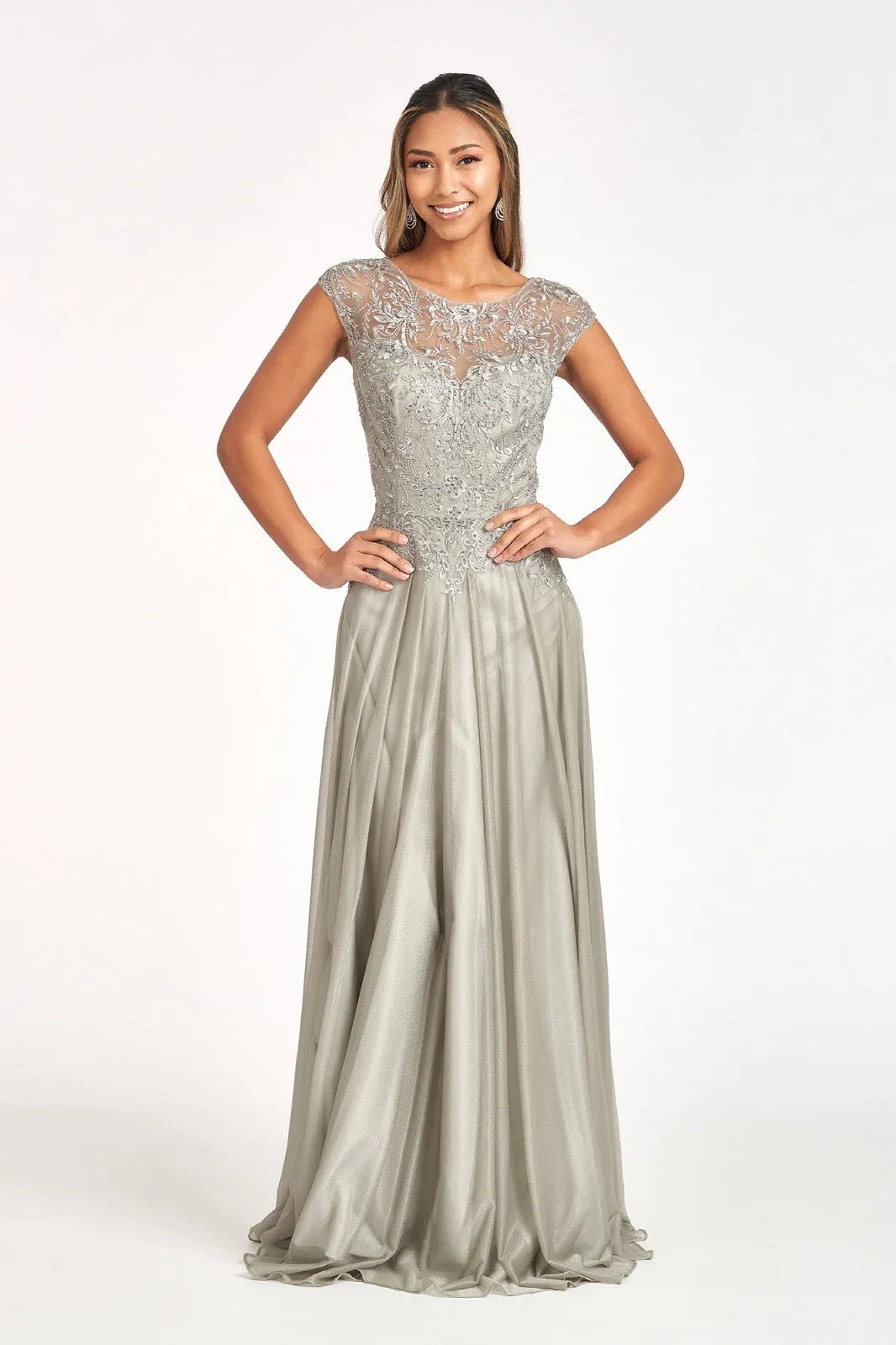 Beads Embellished Embroidered A-line w/ Scoop-Neck Long Mother Of The Bride Dress GLGL3068