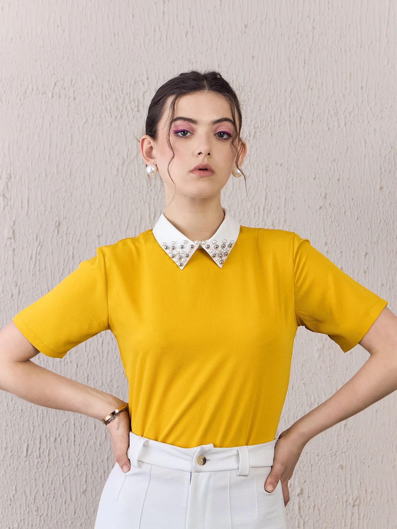 Berrylush Women Solid Yellow Contrast Peter Pan Collar Neck Short Sleeves Back Keyhole Embellished Regular Top