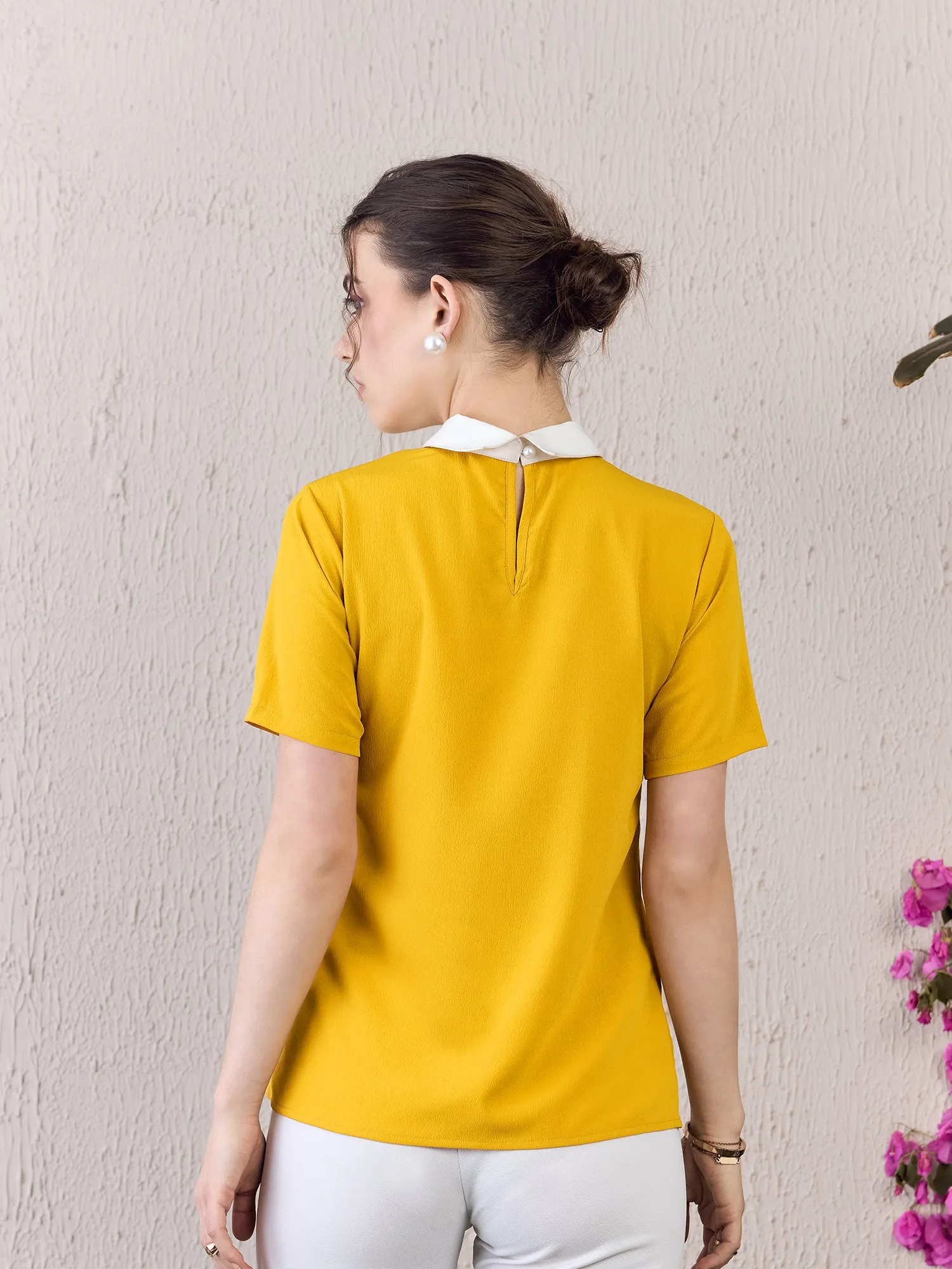 Berrylush Women Solid Yellow Contrast Peter Pan Collar Neck Short Sleeves Back Keyhole Embellished Regular Top