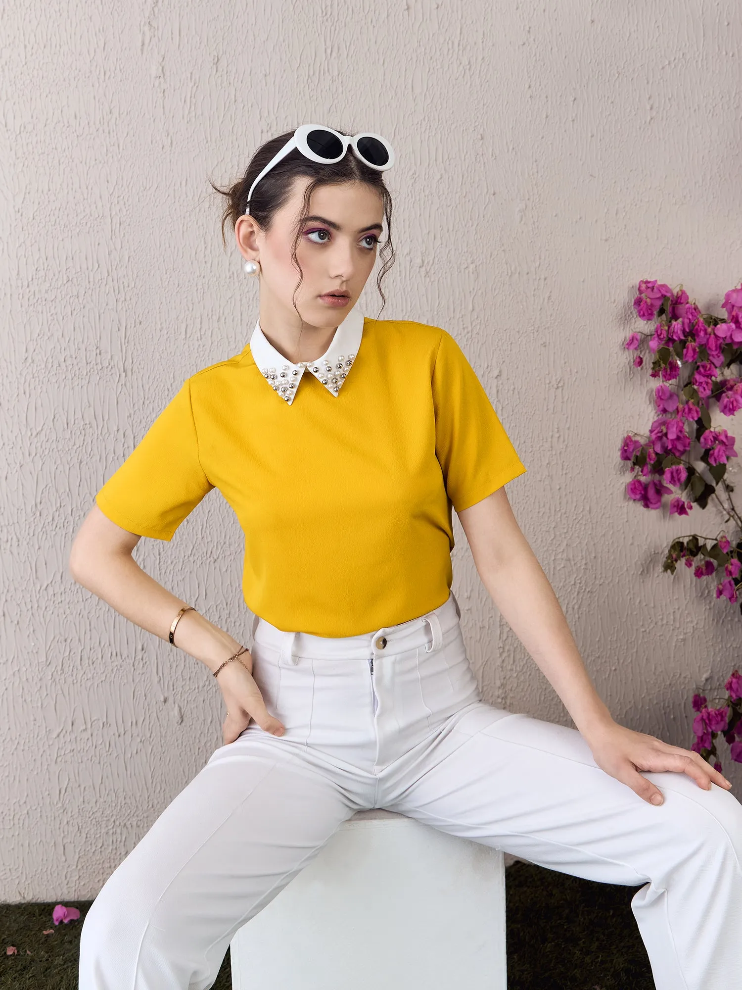 Berrylush Women Solid Yellow Contrast Peter Pan Collar Neck Short Sleeves Back Keyhole Embellished Regular Top