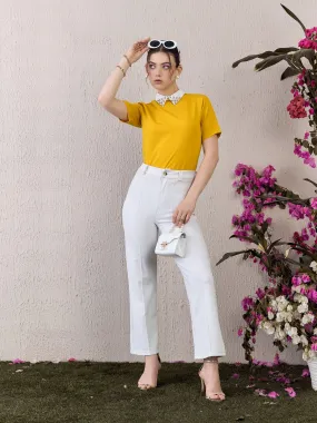 Berrylush Women Solid Yellow Contrast Peter Pan Collar Neck Short Sleeves Back Keyhole Embellished Regular Top