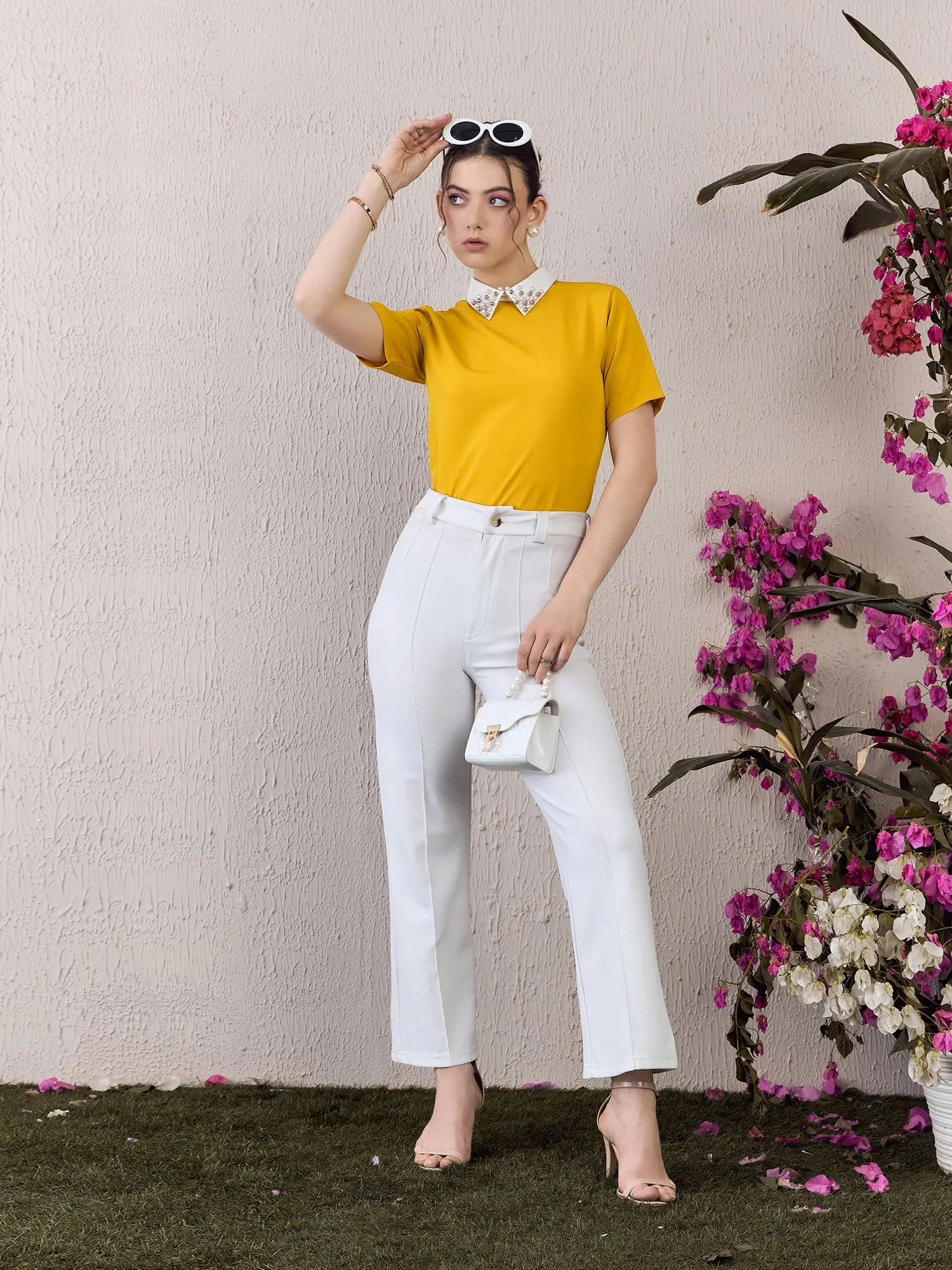 Berrylush Women Solid Yellow Contrast Peter Pan Collar Neck Short Sleeves Back Keyhole Embellished Regular Top
