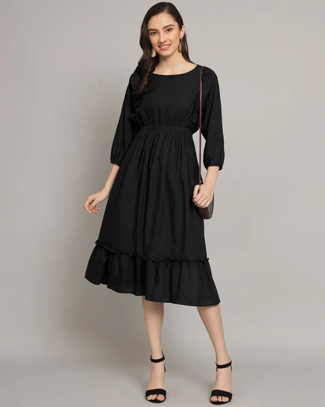 Black Fit and Flare Knee-Length Dress