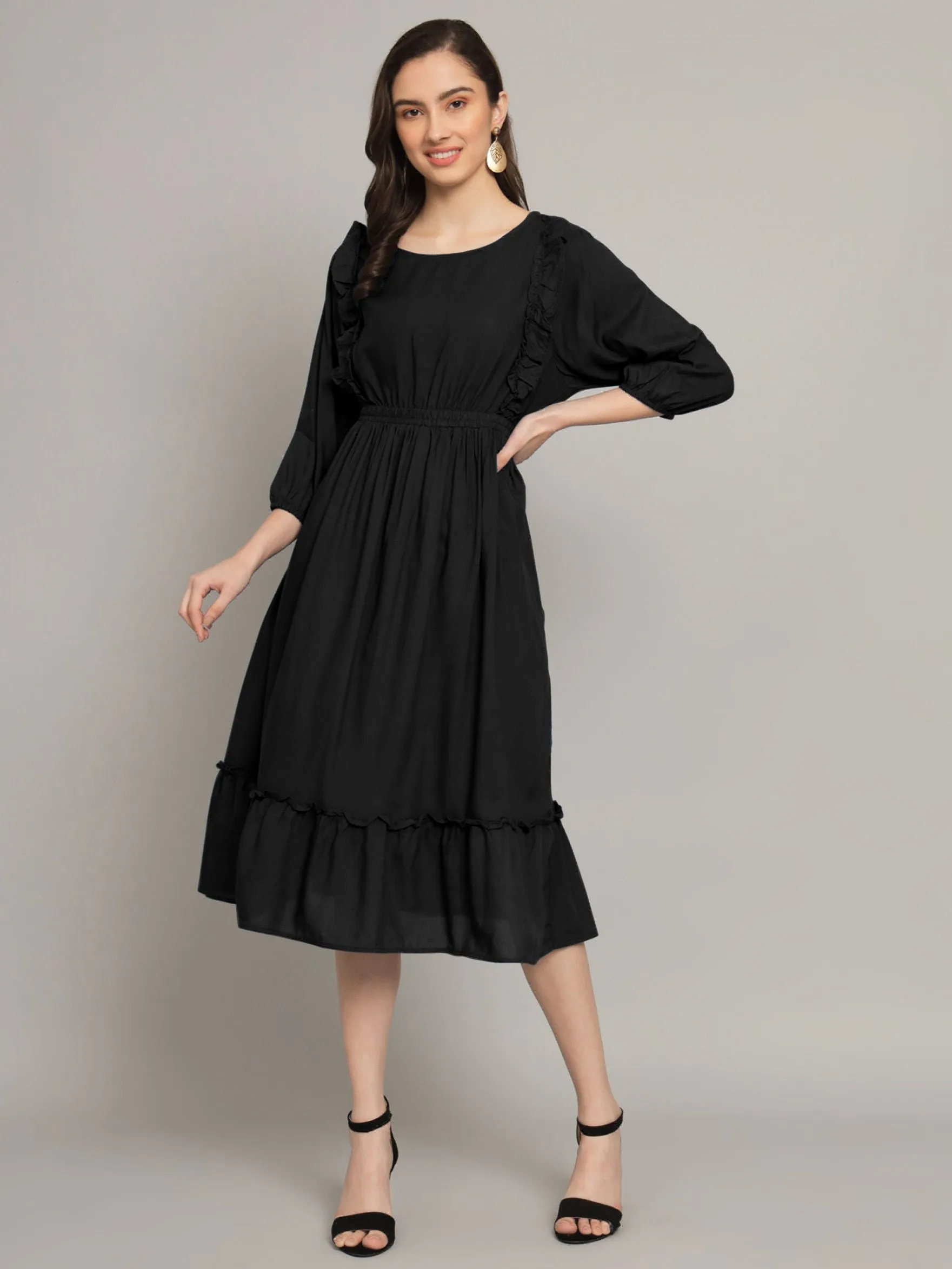 Black Fit and Flare Knee-Length Dress