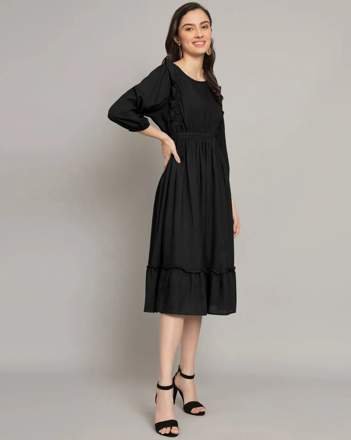 Black Fit and Flare Knee-Length Dress