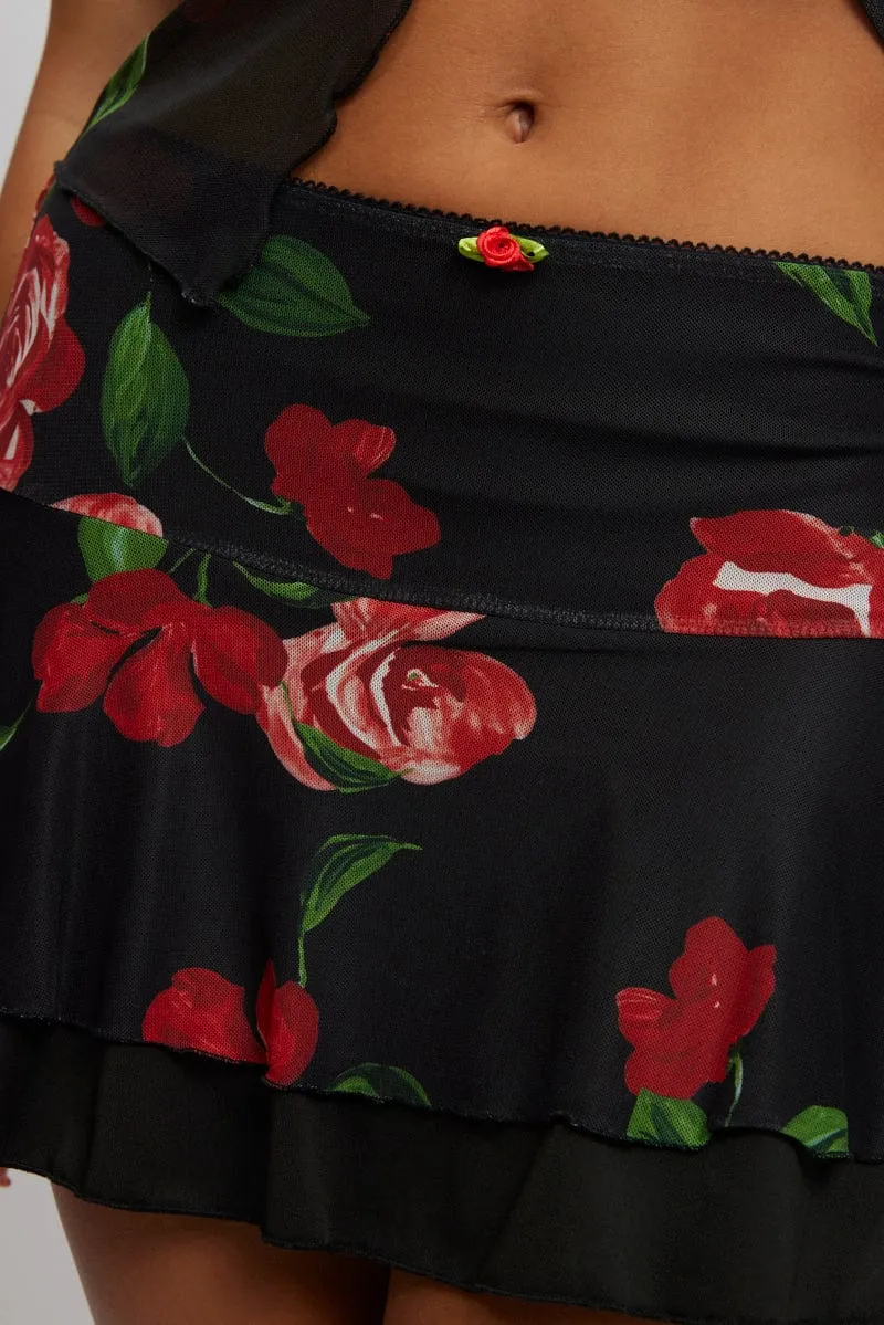 Black Floral Mini Skirt Elasticated Waist Skater Layered Mesh
