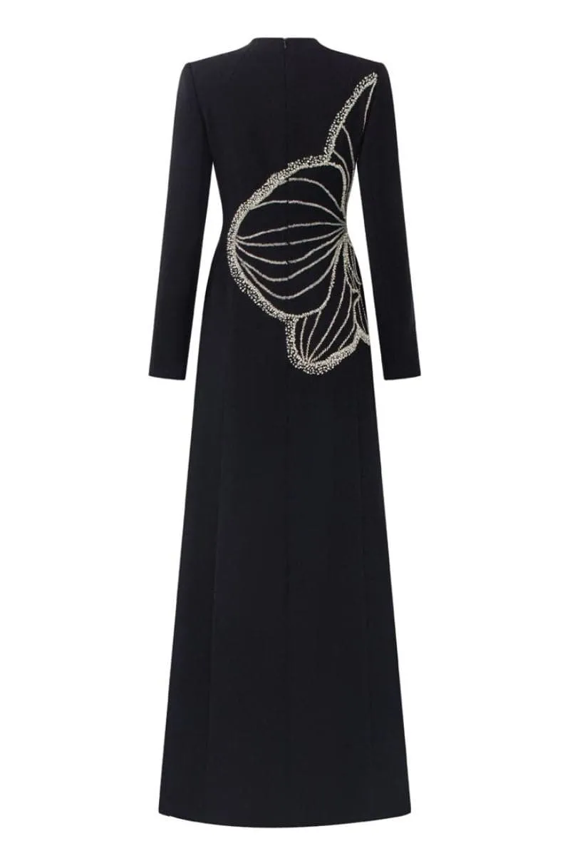 BLACK HIGH NECK ORCHID EMBELLISHED GOWN