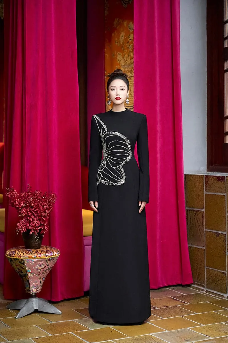BLACK HIGH NECK ORCHID EMBELLISHED GOWN