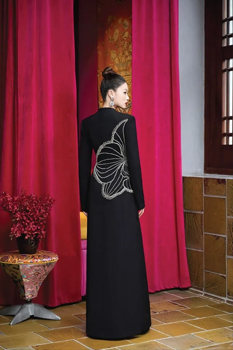 BLACK HIGH NECK ORCHID EMBELLISHED GOWN