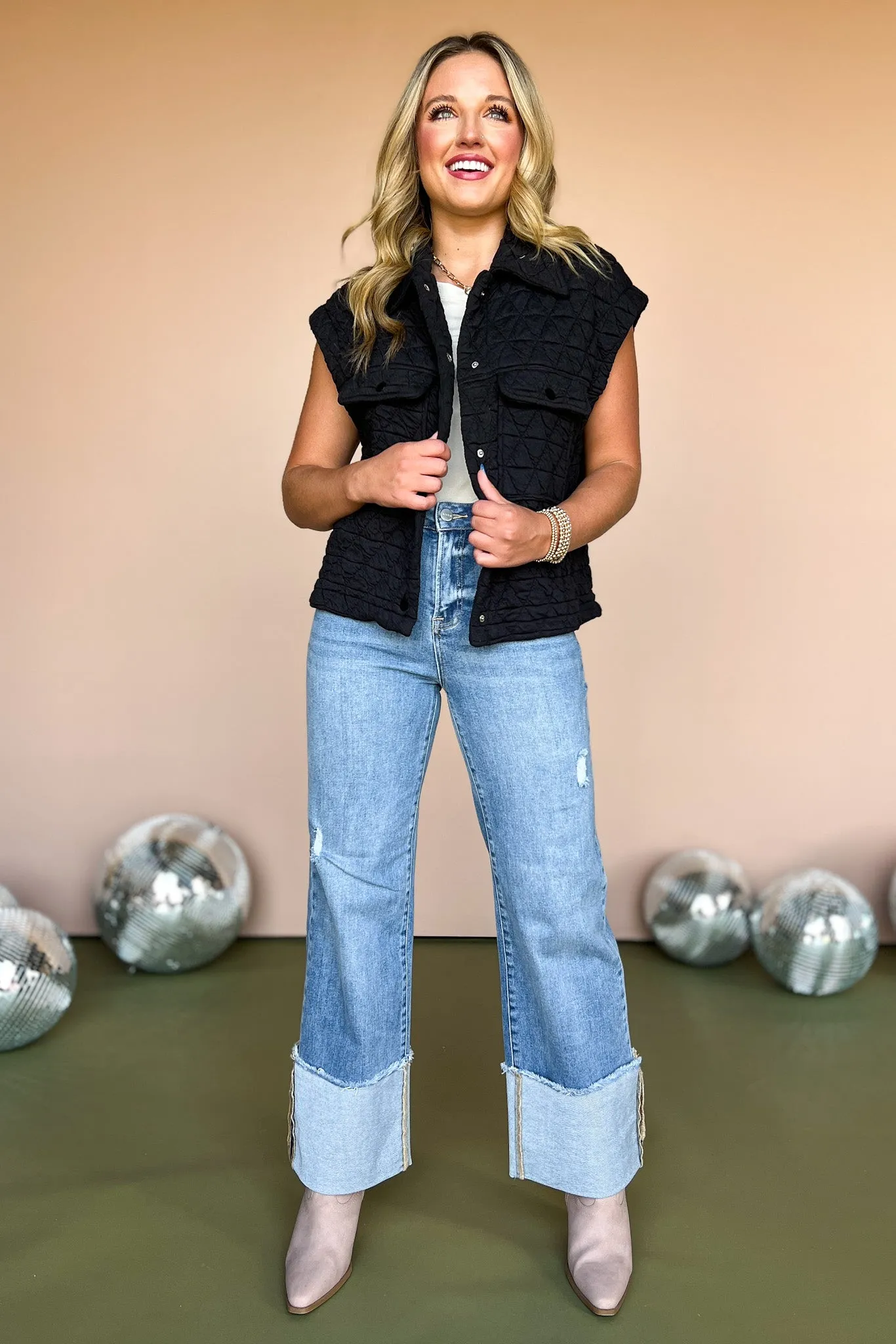 Black Quilted Collared Front Pocket Top