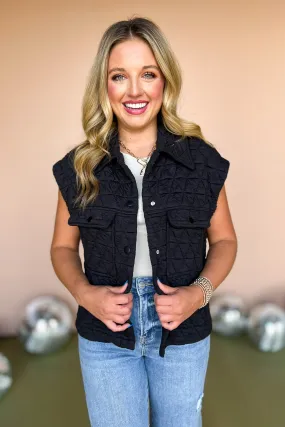 Black Quilted Collared Front Pocket Top