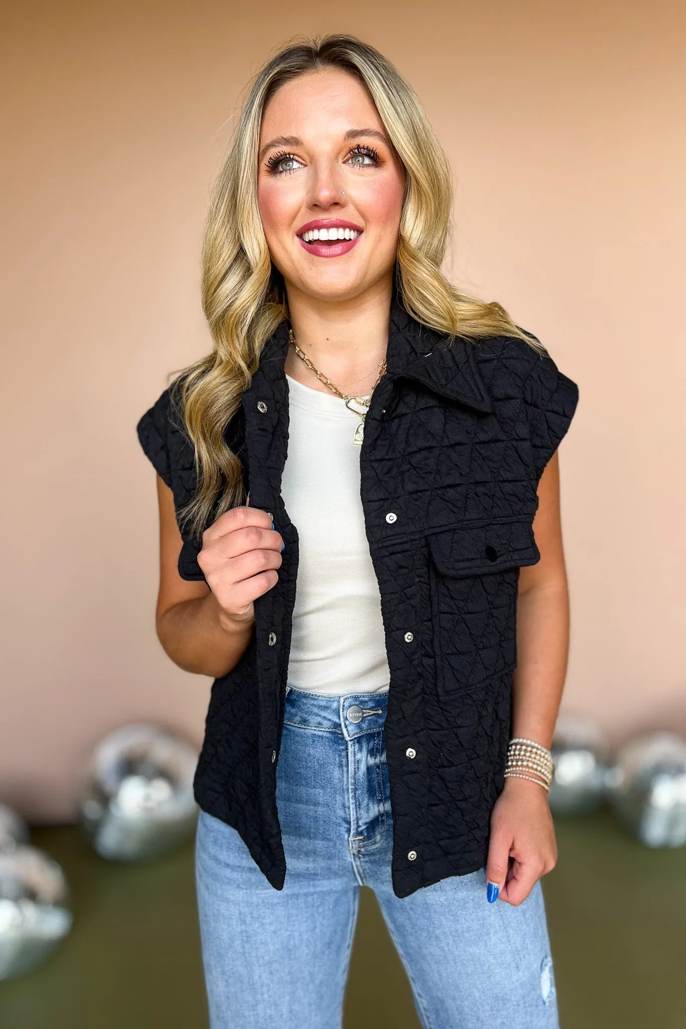 Black Quilted Collared Front Pocket Top
