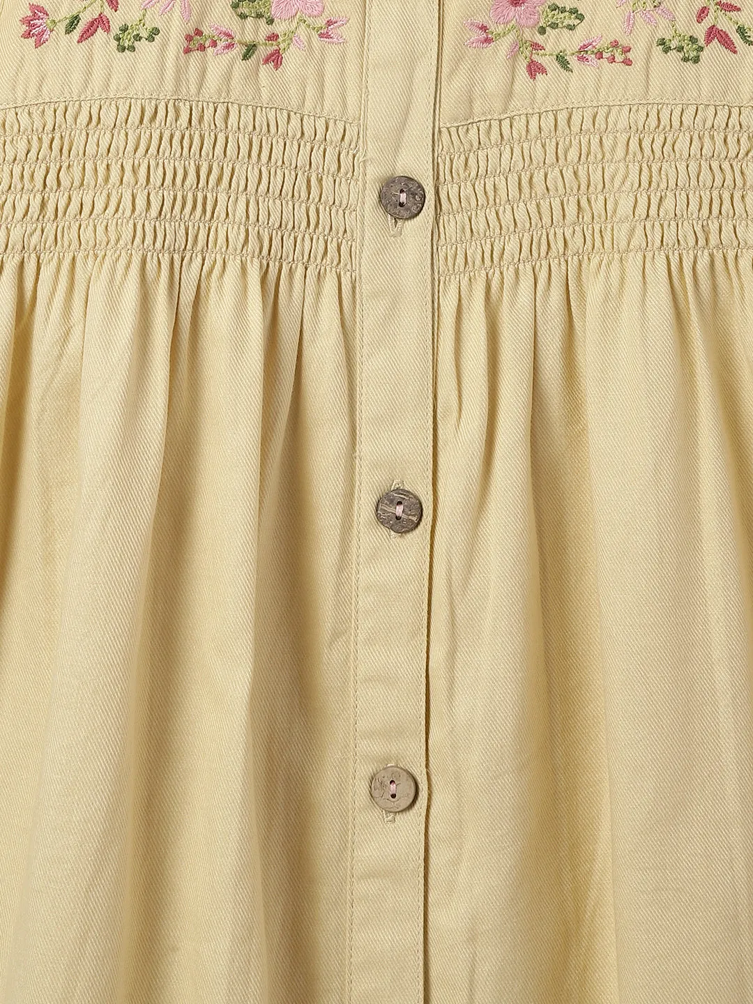 Blue Giraffe Girls Beige Embroidered Peter pan Collar Full Sleeves A-line Dress