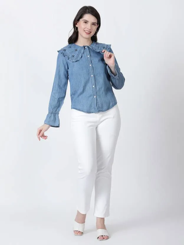 Blue Solid Peter Pan Collar Top,