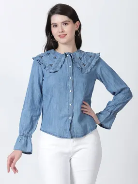 Blue Solid Peter Pan Collar Top,