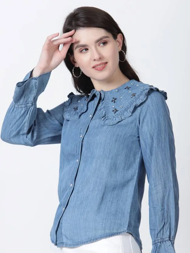 Blue Solid Peter Pan Collar Top,