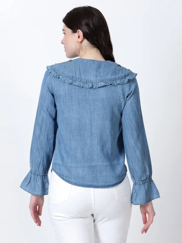 Blue Solid Peter Pan Collar Top,