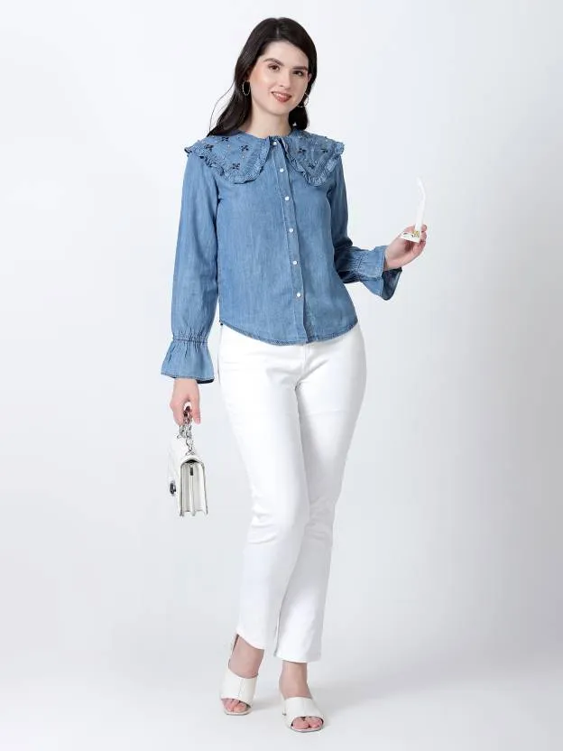 Blue Solid Peter Pan Collar Top,